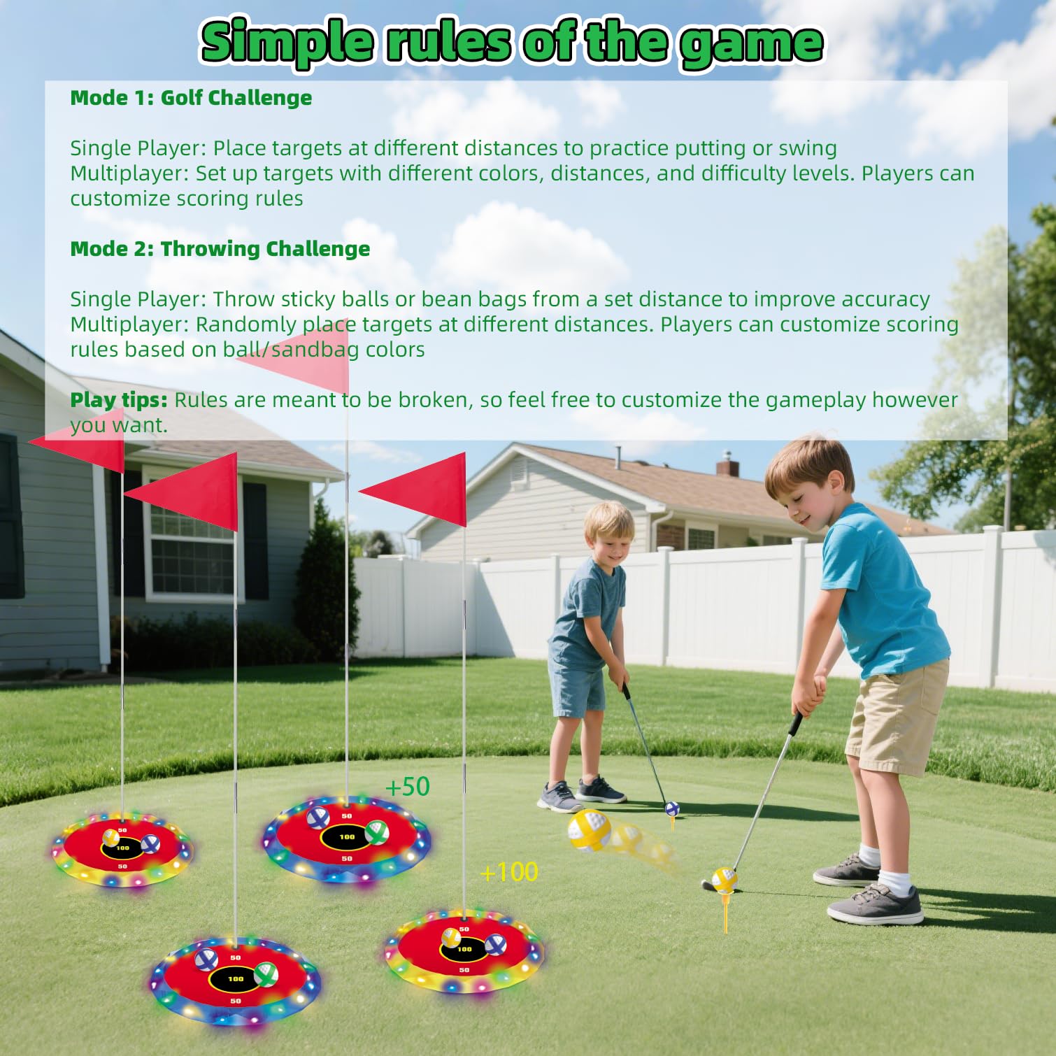 VATOS Juego de golf 2 en 1 con luz para niños - Juego de golf de astillado y lanzamiento de bolsa de puf con 6 objetivos LED, 2 palos, 18 bolas, juego de golf nocturno para fiesta en interiores al