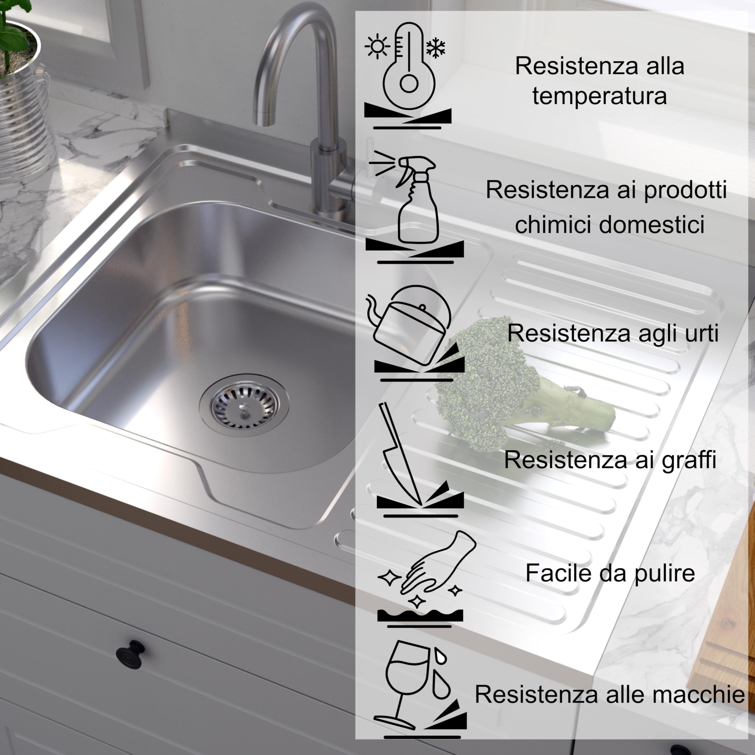 QUADRON Lavello in acciaio inox | dimensione 80 cm colore: sinistro | ROBIN lavello da cucina | scarico incluso | lavello in acciaio inox adatto a mobile da 80 cm | sovrapposizione (SINISTRA)