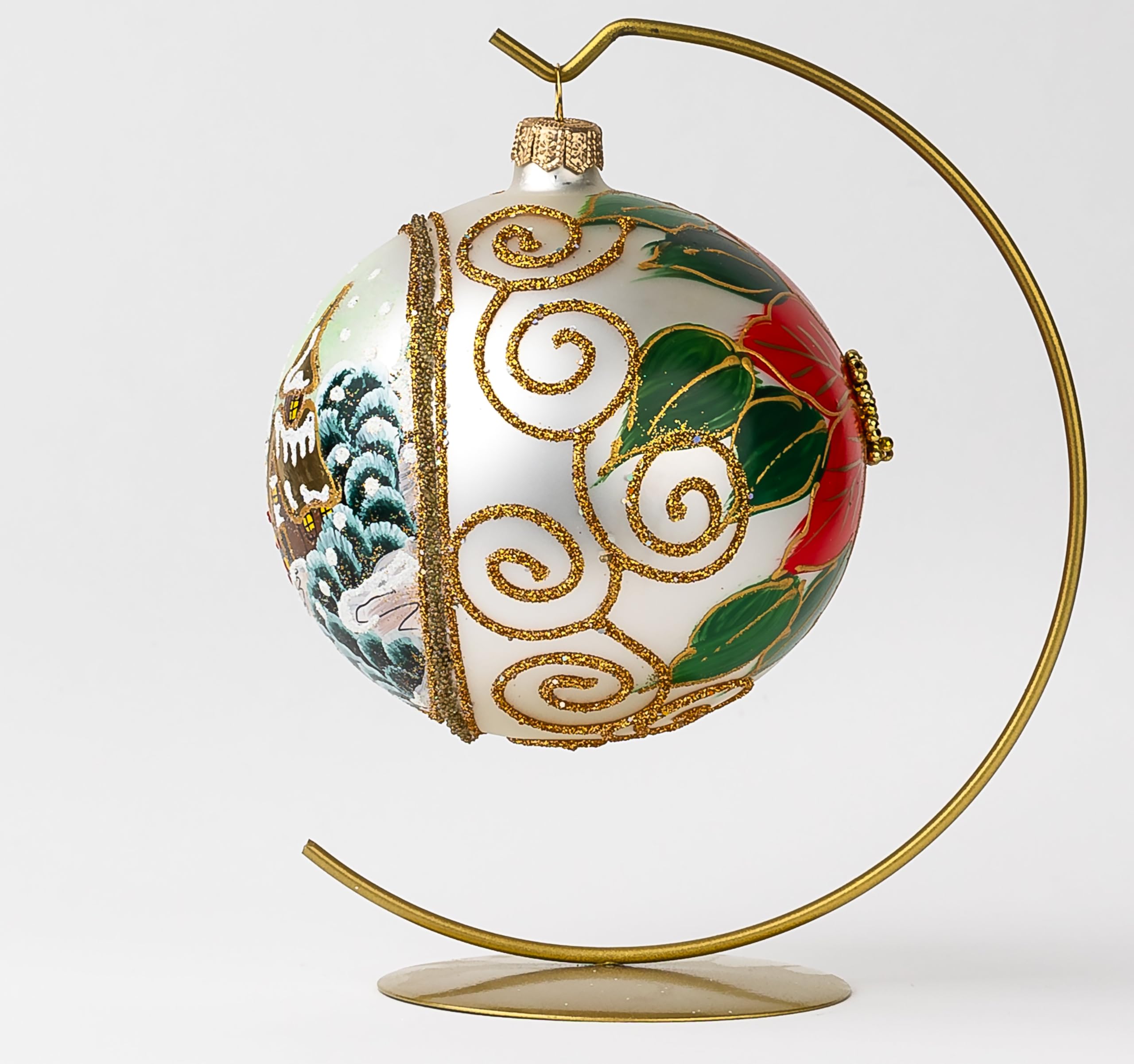 Adorno de Navidad, día invernal con flor de pascua roja, bola de vidrio soplado (plata mate, 120 mm)