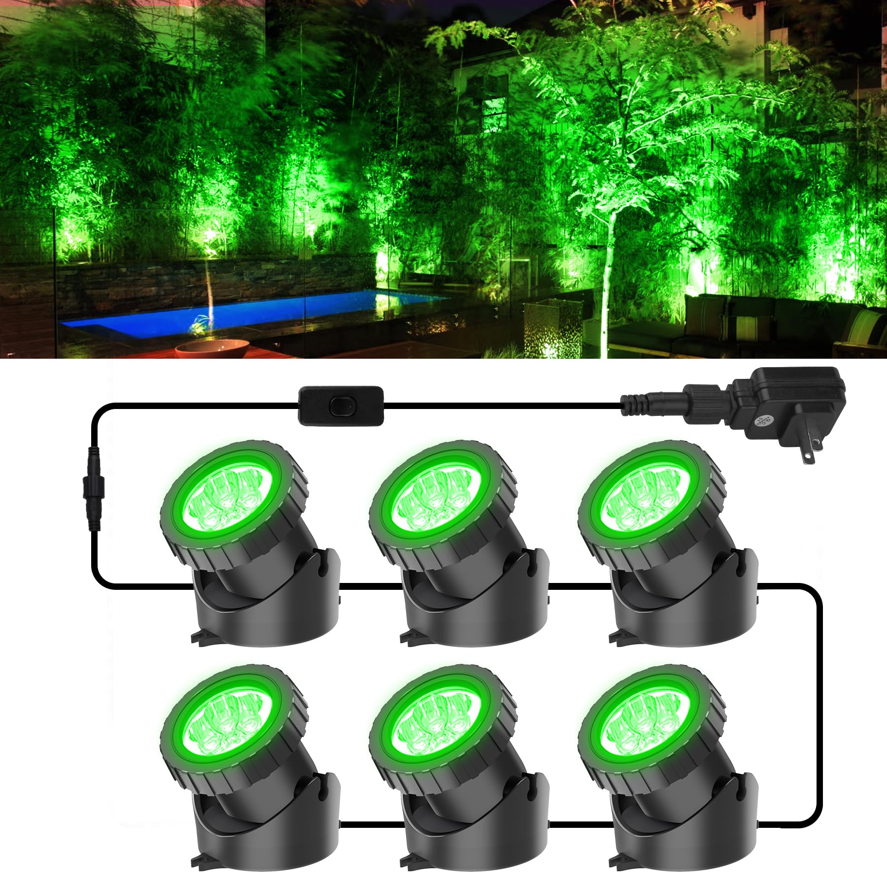 Halloween Green Pond Lights, Super Bright LED Underwater Submersible Landscape Spotlights, Switch Control IP68 Waterproof Fountain Lights for Fish Aquarium Tank Garden Yard Tree Pool (Set of 6)