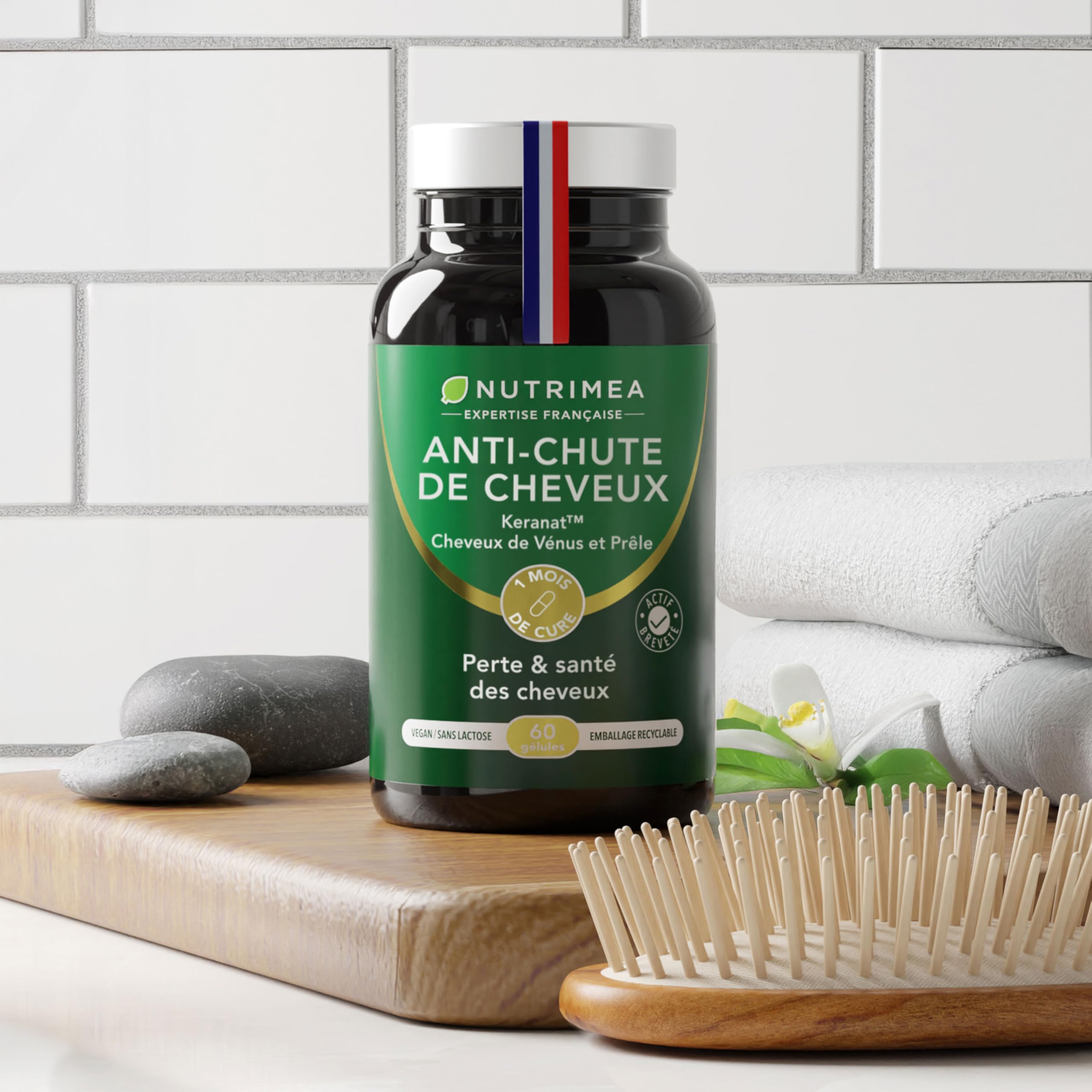 ANTI CHUTE DE CHEVEUX - Pousse et Fortification des Cheveux - Actif Breveté Keranat™ - Cheveux de Vénus, Prêle - Zinc, Sélénium et Biotine - 60 Gélules - Nutrimea - Fabrication Française