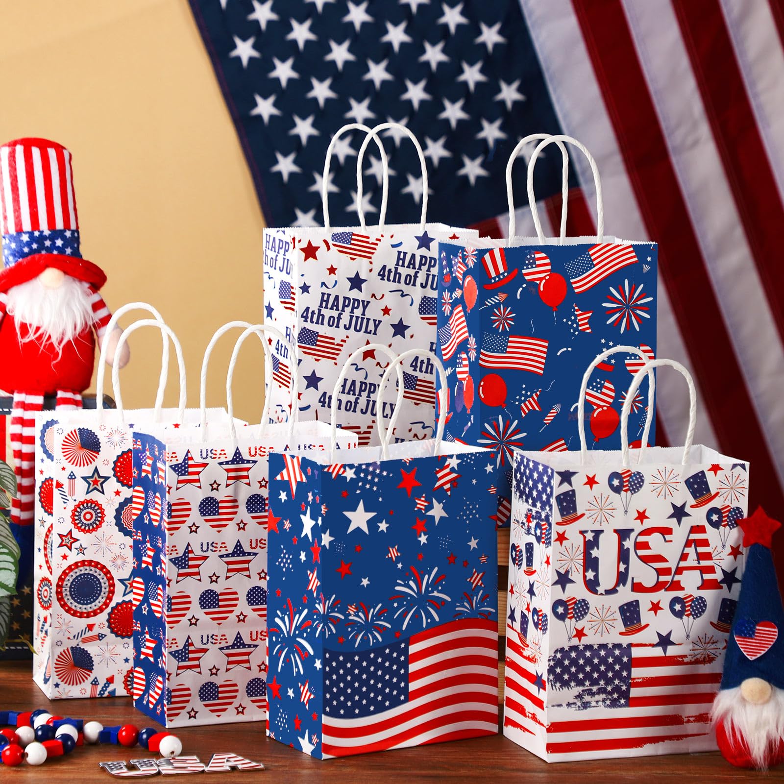 Glenmal 24 Pcs 4th of July Gift Bags with Handle Patriotic Red Blue White Gift American Flag Paper Candy Treat Goodie Bags for Wrapping Memorial Day Independence Day Party Favor