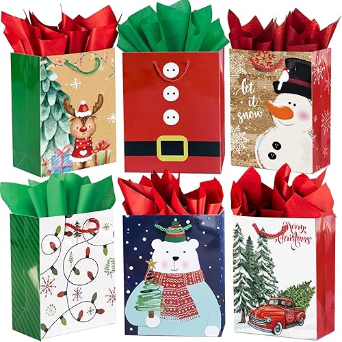 24 bolsas pequeñas de regalo de Navidad a granel con asas, 26 papel de seda y 60 etiquetas de regalo de Navidad, juego de 24 diseños surtidos de
