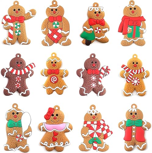 SKRYUIE Paquete de 12 mini adornos navideños de hombre de pan para árbol de Navidad, colgante, oso de nieve de la suerte, decoraciones de Navidad,