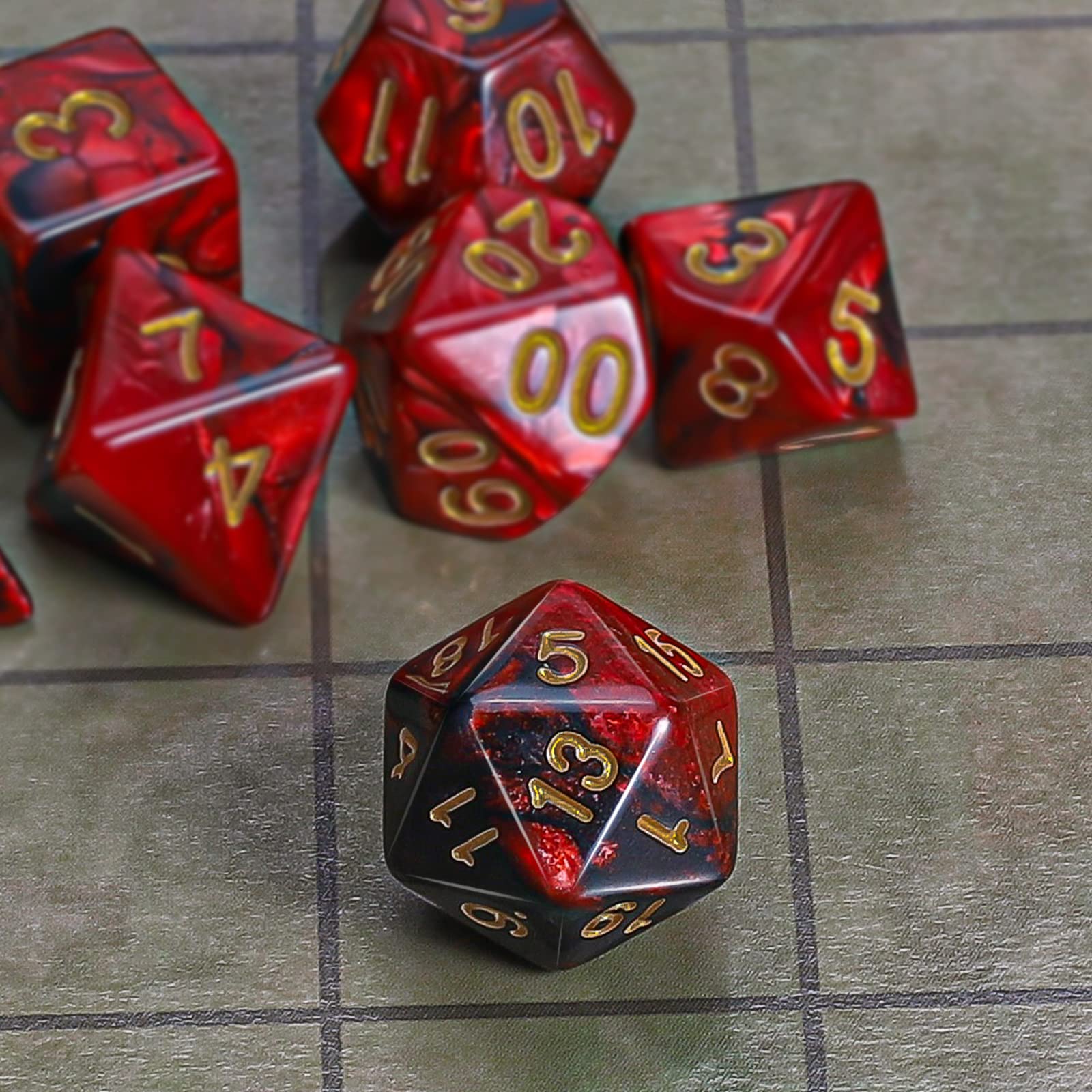 QMAY DND Set di 7 dadi poliedrici per Donjons e Dragons MTG RPG D&D D20, D12, D10, D%, D8, D6, D4 (Nero con Rosso) - 3