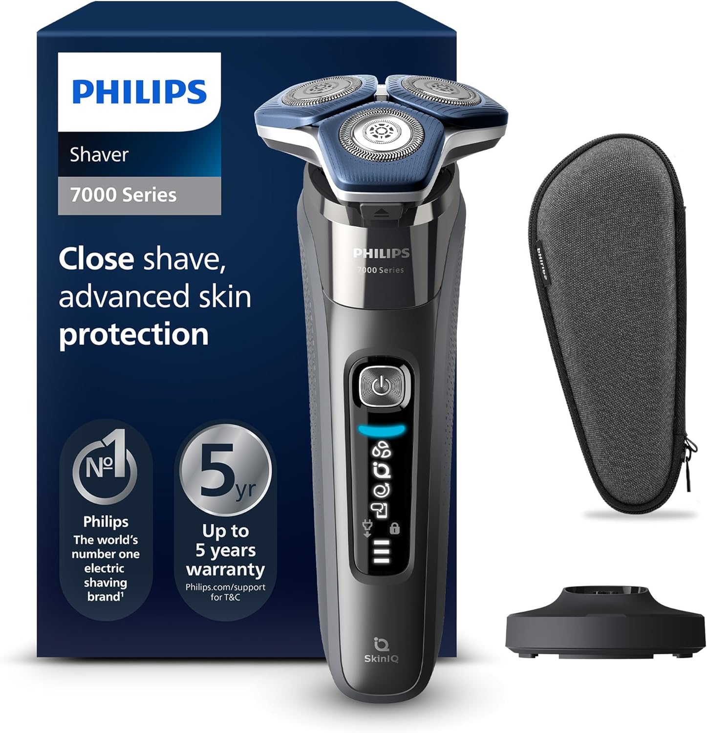 Product image of Philips Shaver Series 7000 - Rasoio elettrico da uomo, umido e asciutto, con tecnologia SkinIQ, rifinitore a scomparsa, base di ricarica, custodia da viaggio e spazzola di pulizia