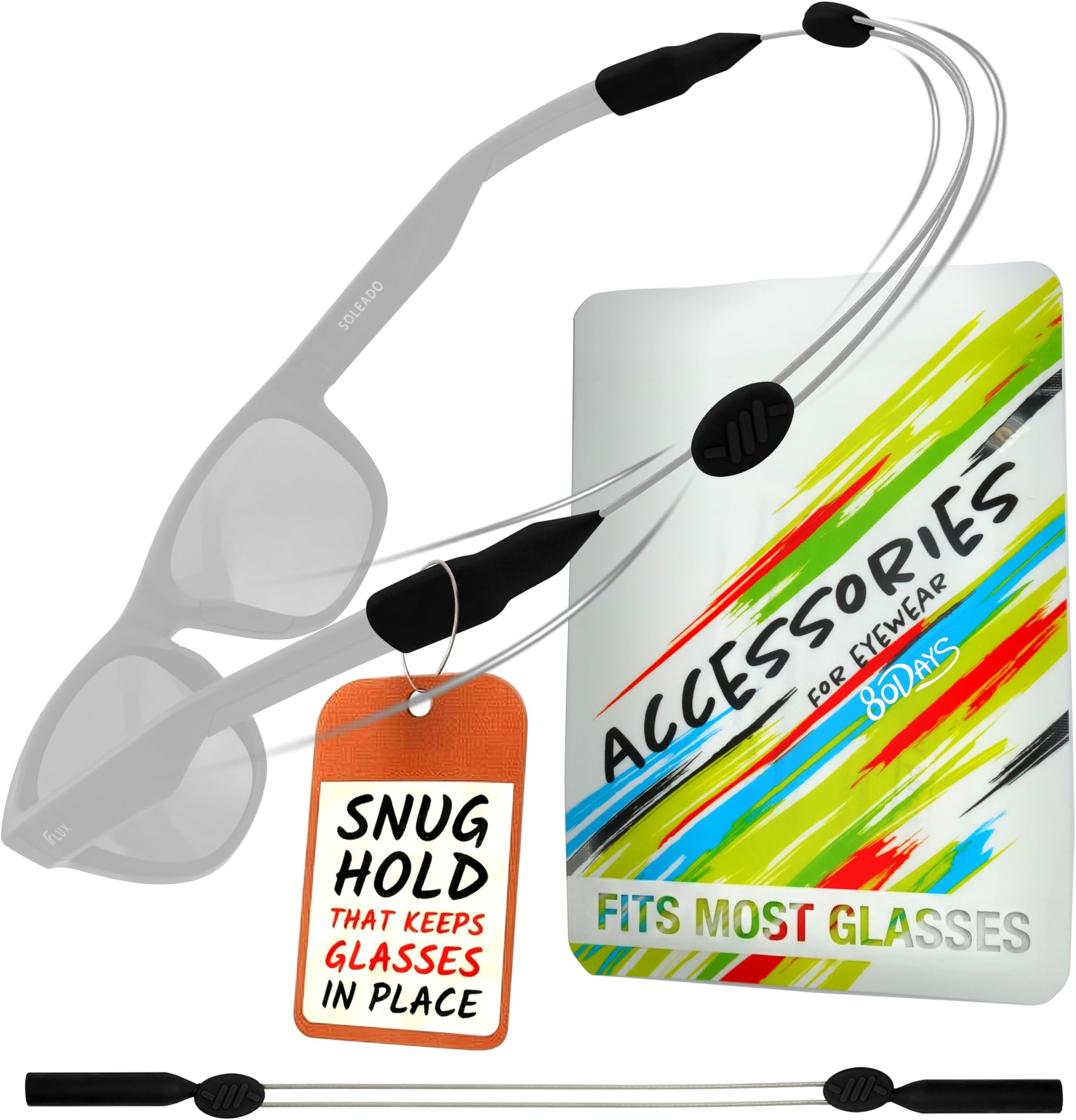 – 80Days Adjustable Eyeglass Strap: Wire Cable Retainer for Glasses and Sunglasses with Silicone Grips, Secure Fit