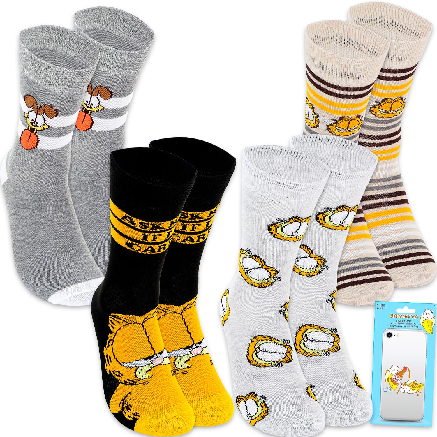 Garfield Socks Set - Bundle with 4 Pairs of Cartoon Cat Crew Socks for Adults Size 9-11 Plus Decals Apparel Gift Set for Men, Women