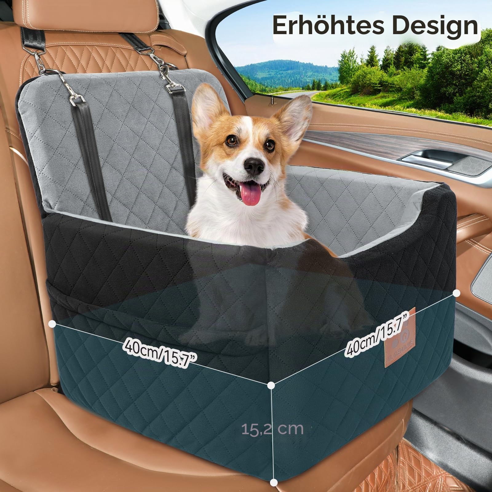 GL GLENSLAVE Autositz Hunde für kleine/mittlere Hunde unter 15 Kgs,Hunde Autositz,Abnehmbarer und waschbarer Haustier Autositz,Hundebett mit 2 Sicherheitsgurten(Schwarz/Grau)