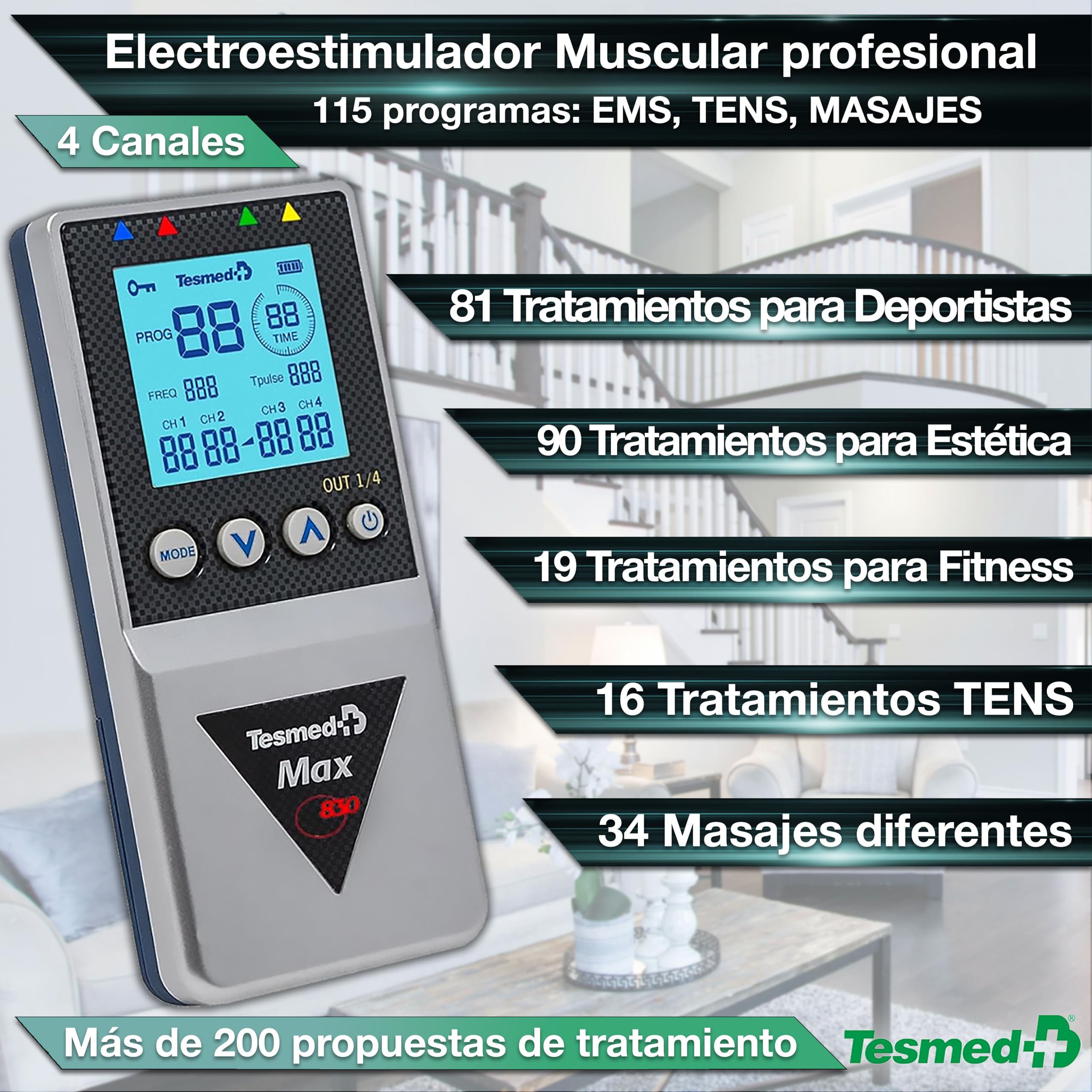TESMED Max 830: Electroestimulador Muscular Profesional Tens / EMS / Masaje con Estimulación Secuencial, 4 Canales, 115 Programas de los cuales 20 Personalizables, Recargable, Incluye 20 Electrodos
