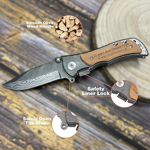 Miniatura 3 de XJF Cuchillo de bolsillo de madera grabado para aniversario de 10 años, regalo de boda de estaño para hombres, regalo de aniversario de 10 años para