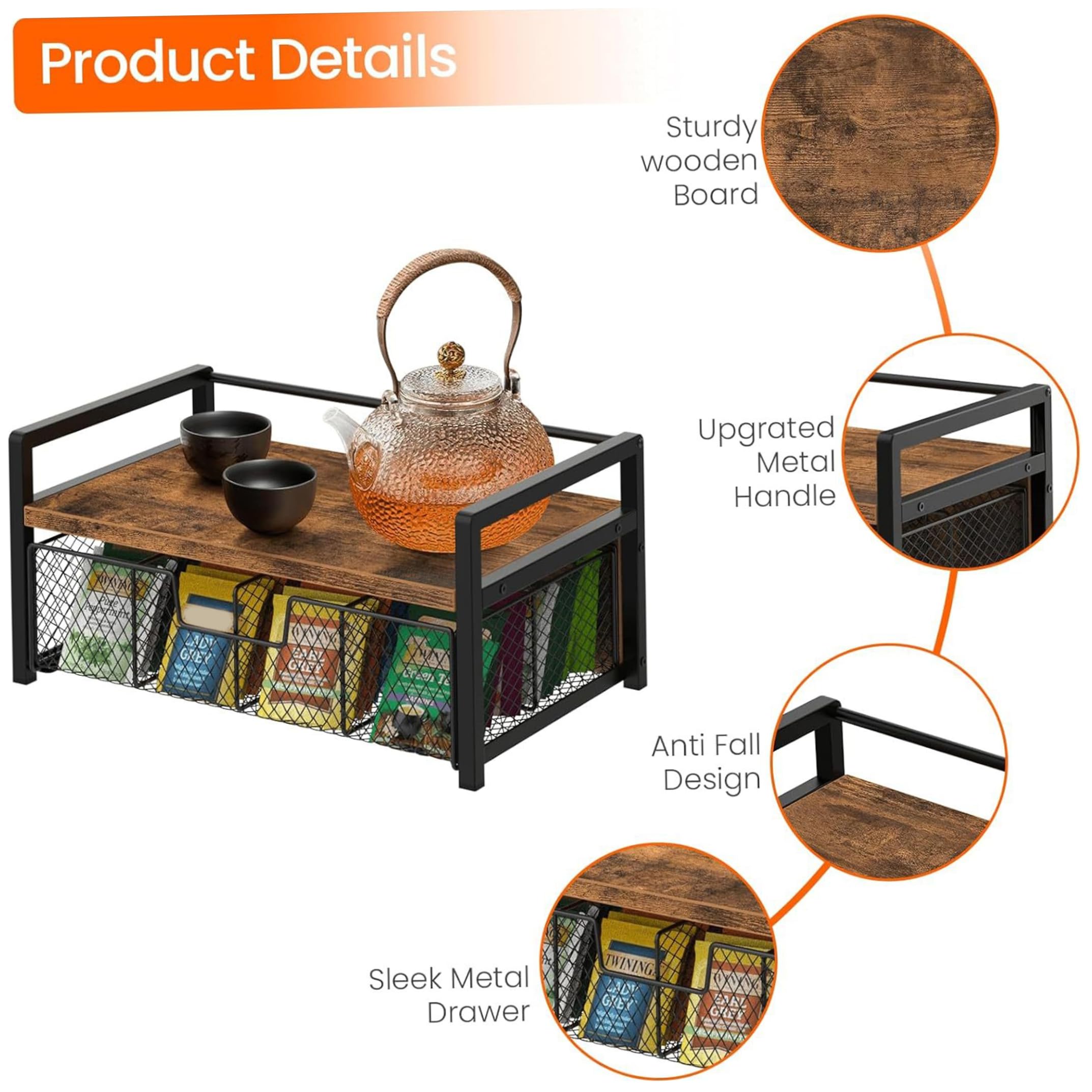 Kaffeestation-Organizer, 2-stöckige Teebeutel-Aufbewahrung mit ausziehbarer Schublade, Küchenarbeitsplatte für Pads und Teebeutel – Tigerholz und Schwarz, Kaffeestation-Organizer