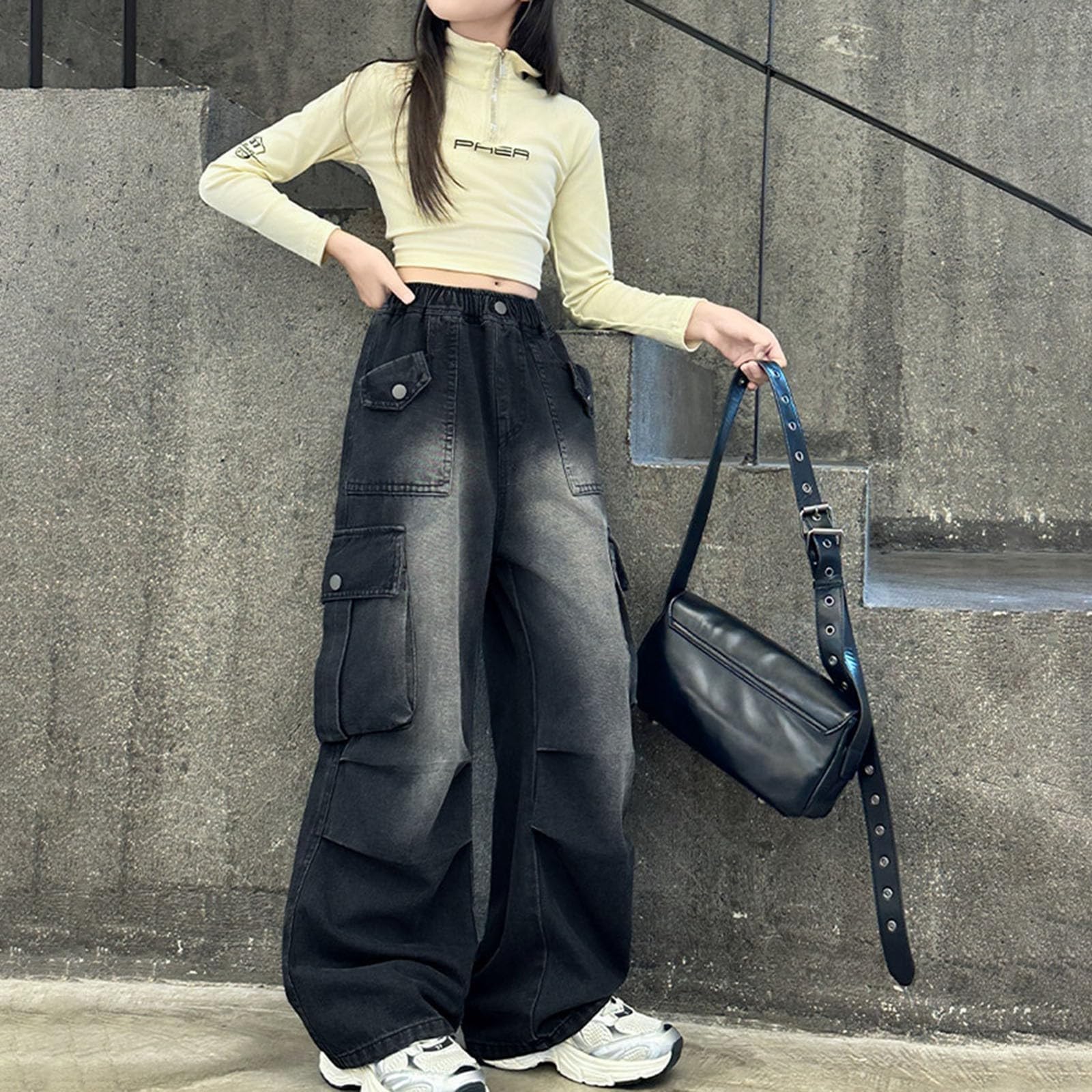 Baggy Cargo Jeans Mädchen Weites Bein High Waist Teenager Cool Jeans Hip Hop Cargohosen Gummibund Vintage Lässige Soft Jeanshose Retro