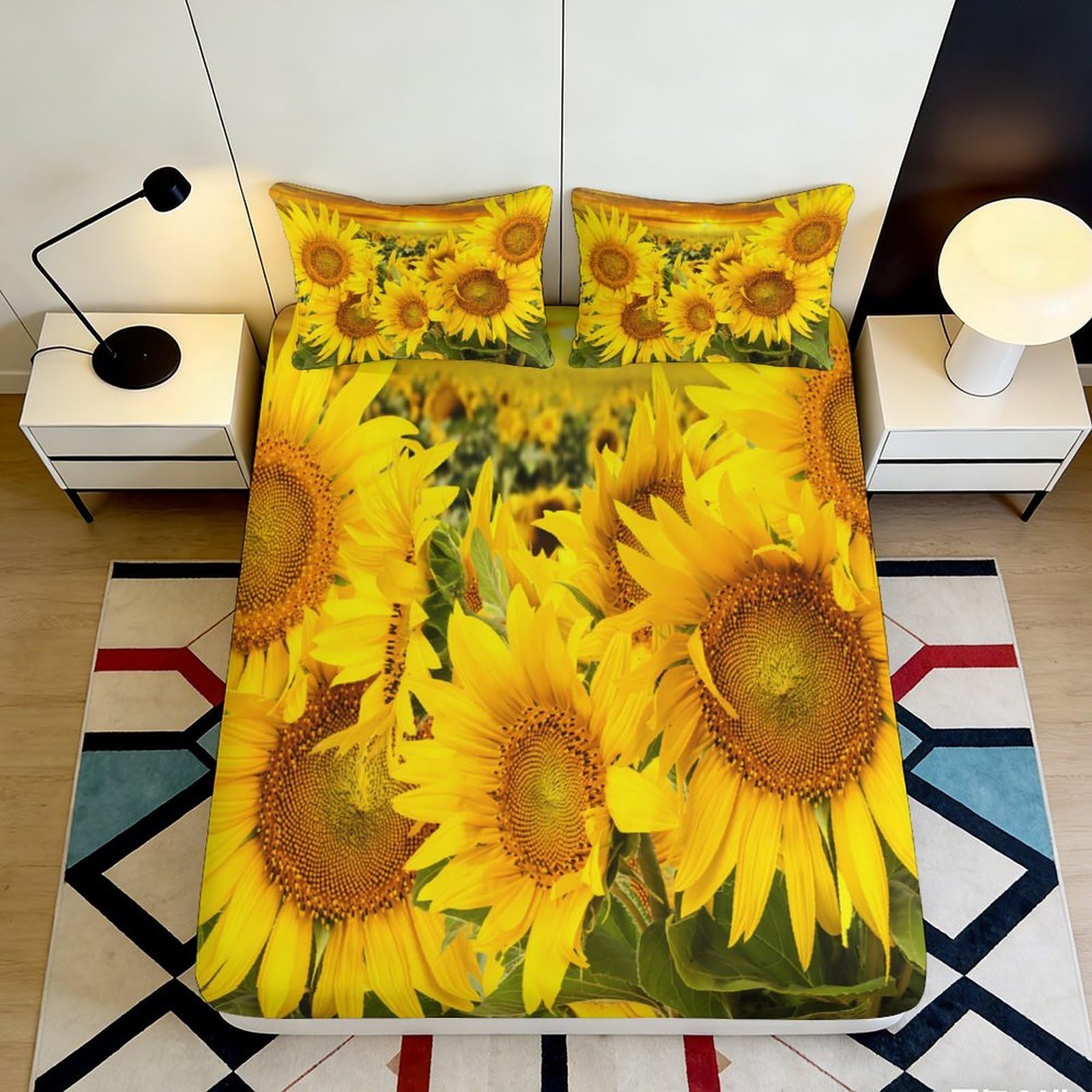 3D Printed Sunflower Fitted Sheet Microfiber Soft Breathable Floral Mattress Cover Yellow Bedroom Dormitory Guest Room Protection Decor 140x200x25cm