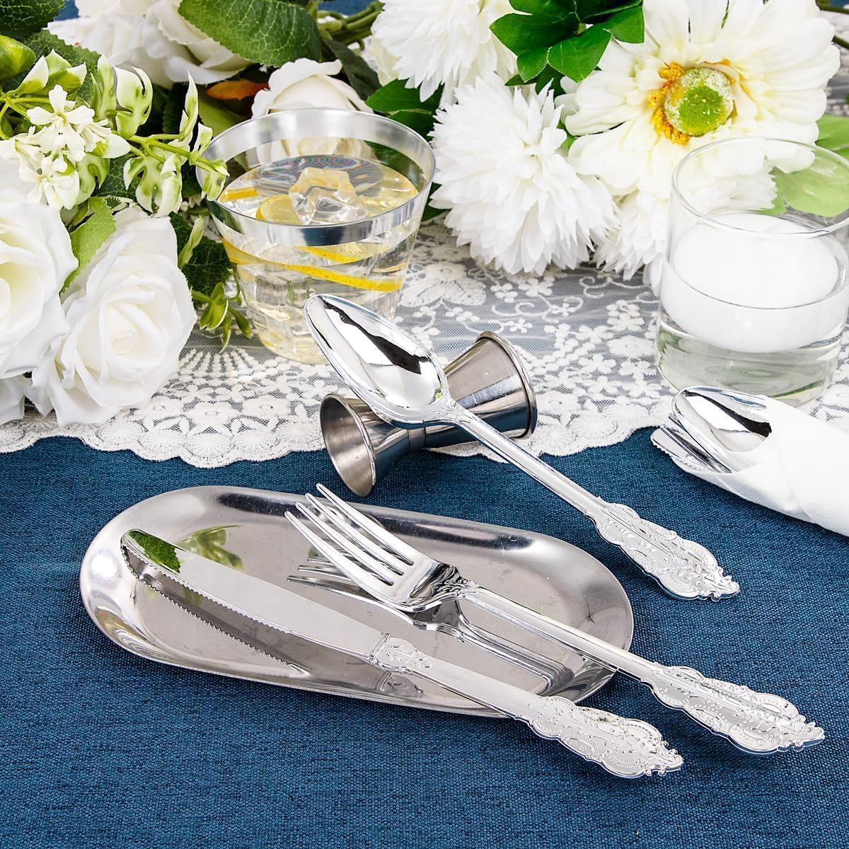 Liacere 350PCS Silver Plastic Plates-Disposable White and Silver Plates 50guest Baroque Plastic Dinnerware Set include 100Plates, 50Pack Pre Rolled Napkins with Silverware 50Cups Perfect for Wedding