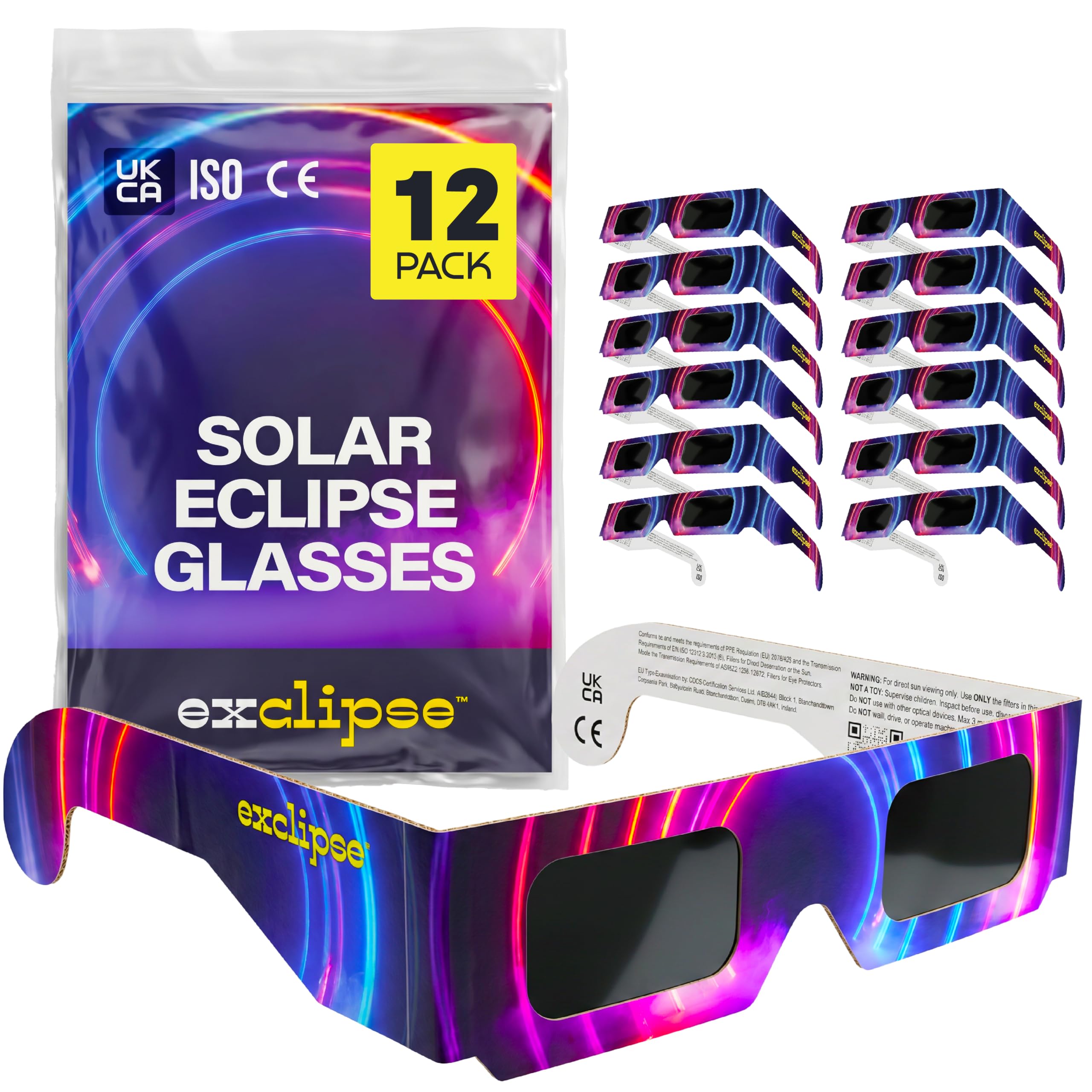 exclipse Solar Eclipse Glasses 12 Pack – ISO 12312-2 & CE & UKCA Certified Safe Sun Viewing Glasses, Direct Solar Observation, AAS 2026, Bulk Pack