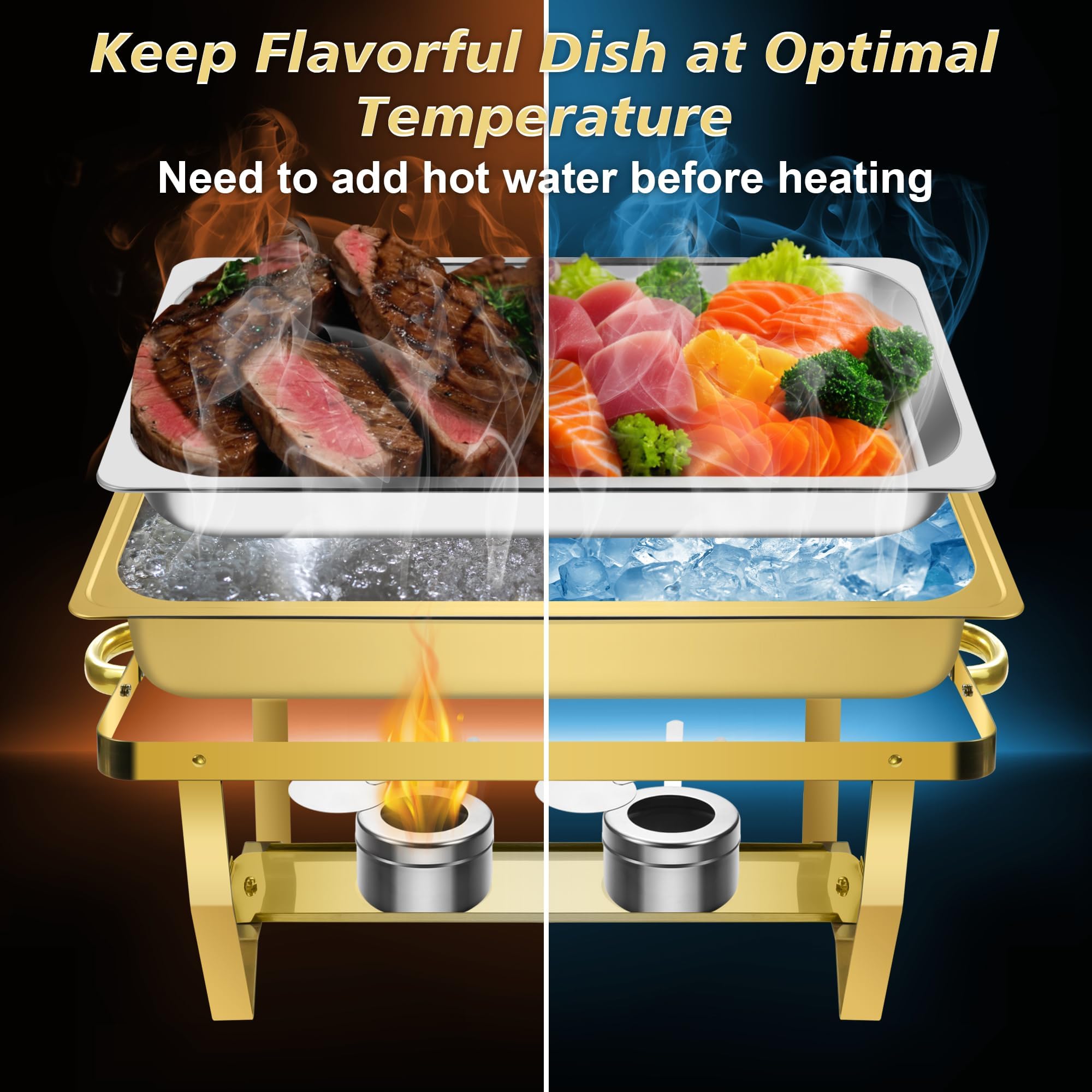 NKTOLEE Platos para bufé, paquete de 4 platos dorados de 8 cuartos de galón, servidores y calentadores de buffet de alta calidad con pinzas doradas, calentadores de alimentos para fiestas, bufé