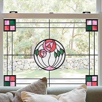 ADD.HERES Window Stickers, ‌Stained Glass Window Privacy Film, UV Blocking Static Cling for Home Kitchen Office Bathroom, Geometric Rose, 11.81" X 15.75"