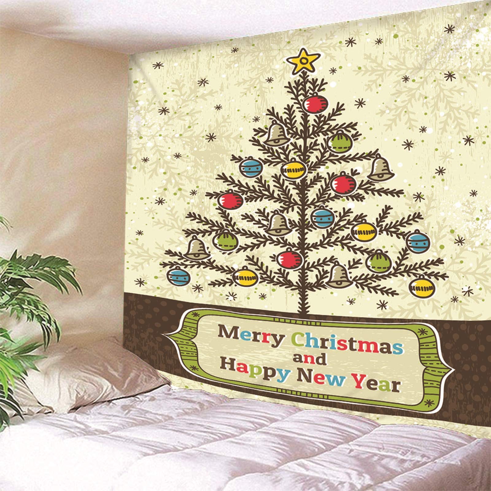 Tapiz Liso Pared, Decoracion Navidad Ventana Árbol de Navidad, Y, Campana, Copo de Nieve Beige Marrón Verde Poliéster Tapiz Pared Decoration 350X256cm
