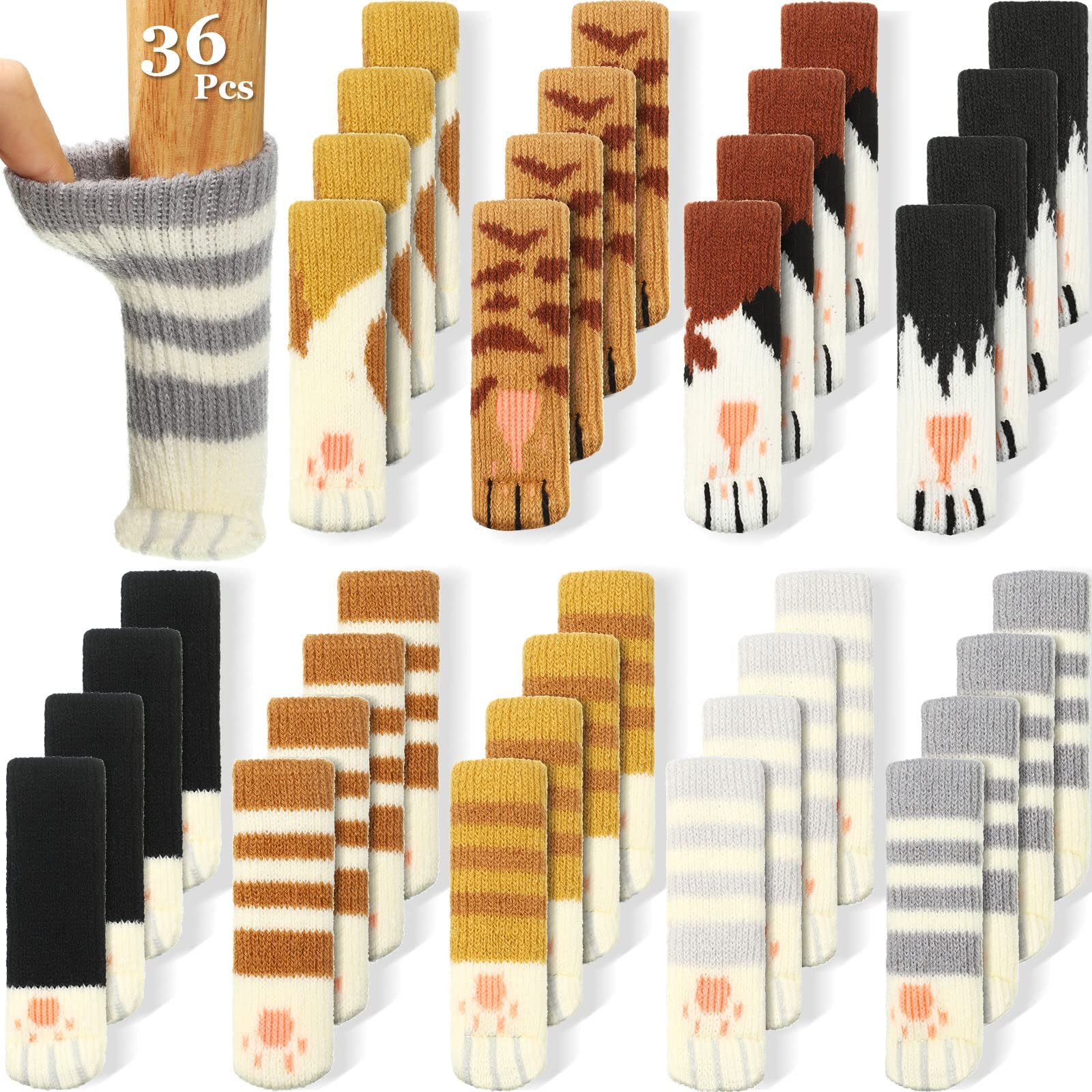 MAKINGTEC Chair Leg Socks, 36 Pieces Cat's Paw Furniture Socks Non-slip Chair and Table Knitted Socks High Elasticity Silent Furniture Sock Pad Door Handle Gloves Hardwood Floor Protectors (9 Colors)