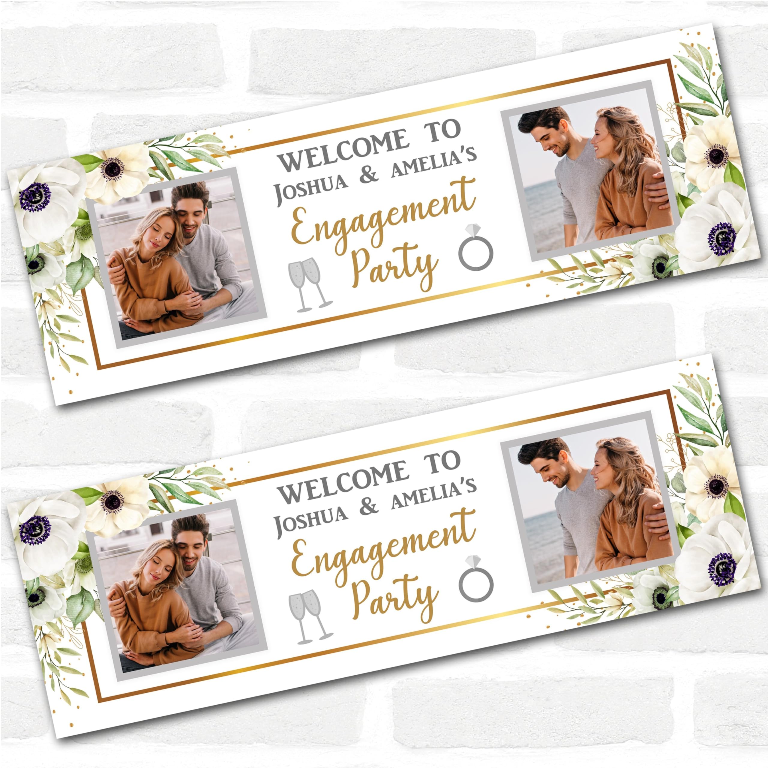 Personalised Party Banner For Engagement Party Welcome Photo White Flowers Gold | Custom Large Party Decoration, Event Banner, Backdrop, Décor, Signage. 3 ft x 1 ft | 4.5 ft x 1.5 ft | 6 ft x 2 ft