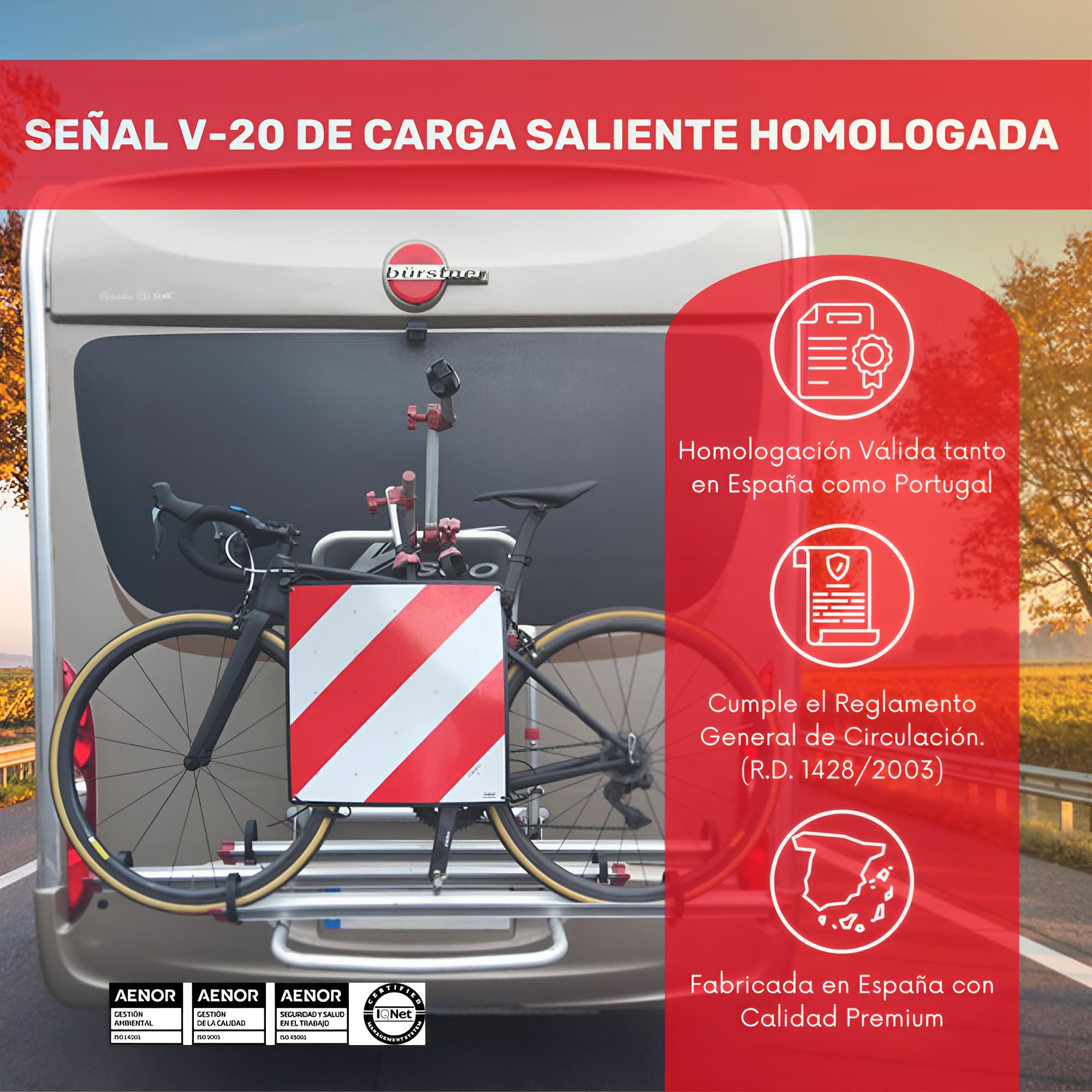 Placa V-20 Homologada Flexible para Portabicicletas | Señal V-20 Homologada Indicadora de Carga Saliente | Cartel V-20 Homologada DGT