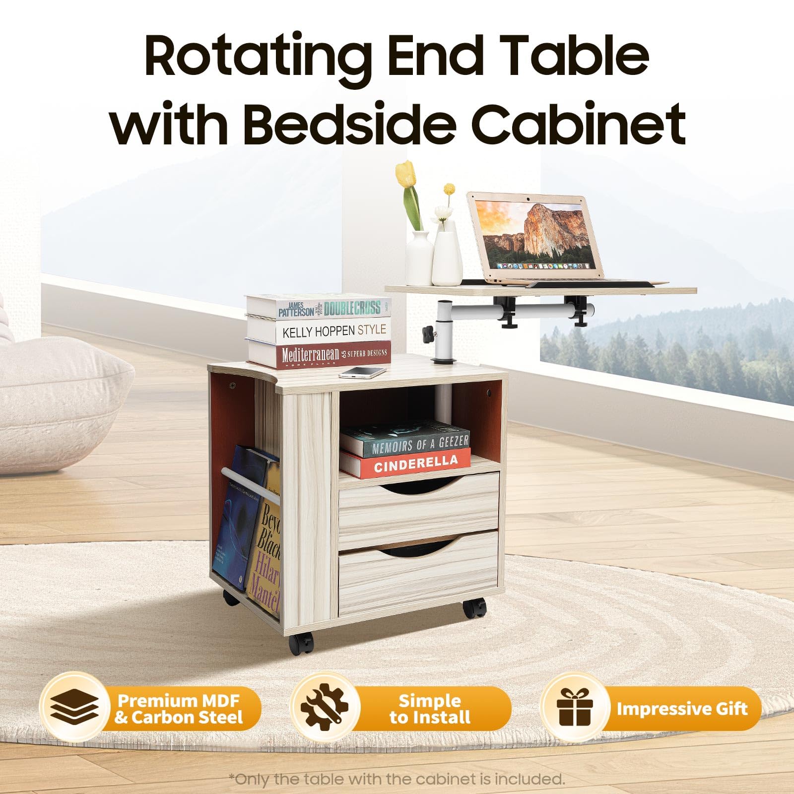 Mesita de noche con ruedas, funcional mesita de noche giratoria ajustable de madera con cajones y estante abierto (arce blanco), para dormitorio, sala de estar, estudio