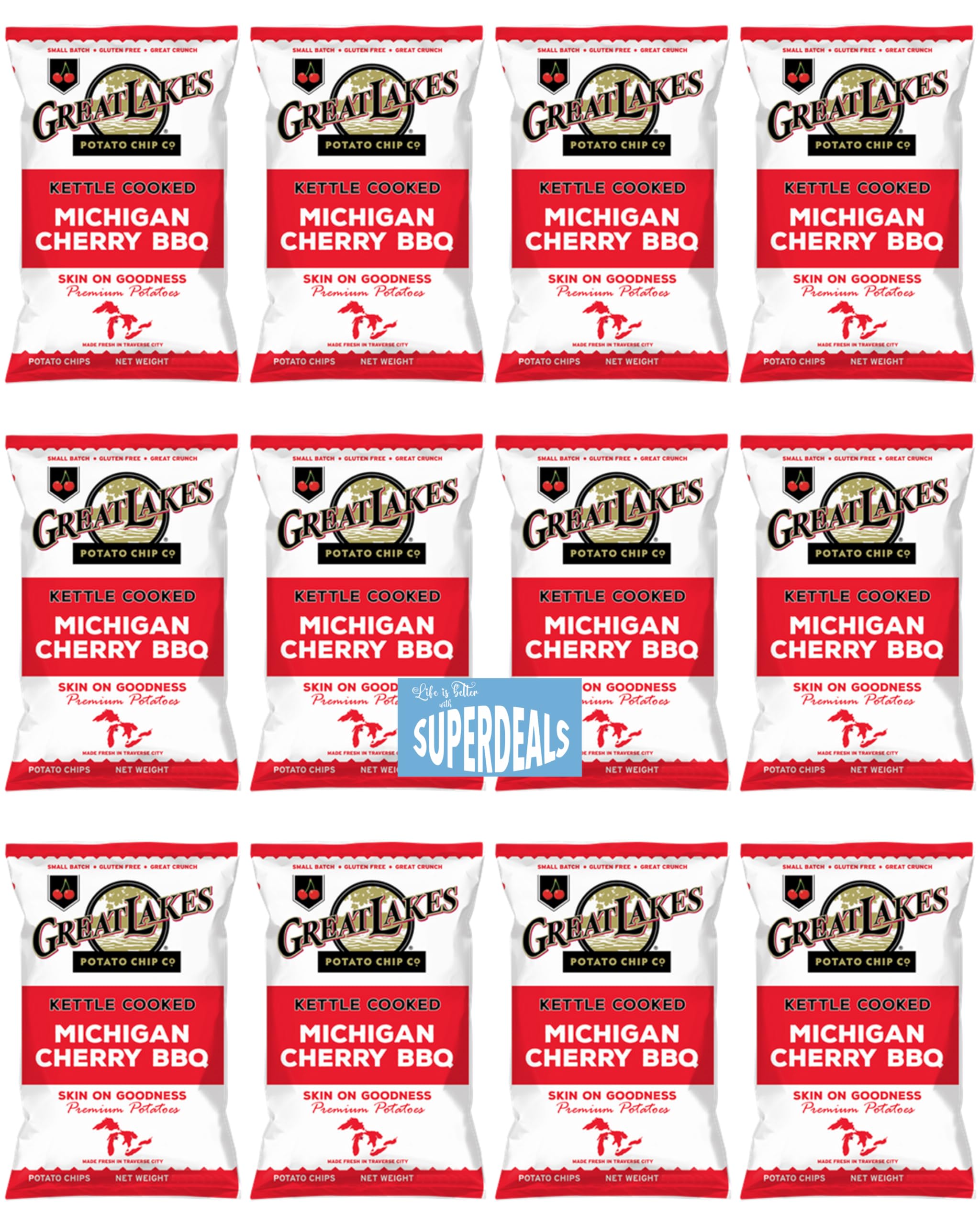 Kettle Cooked Potato Chips by Great Lakes Value Pack Bundled by SUPERDEALS | 1.375 Oz Bag | Michigan Cherry BBQ | Pack of 12 with mystery bonus gift