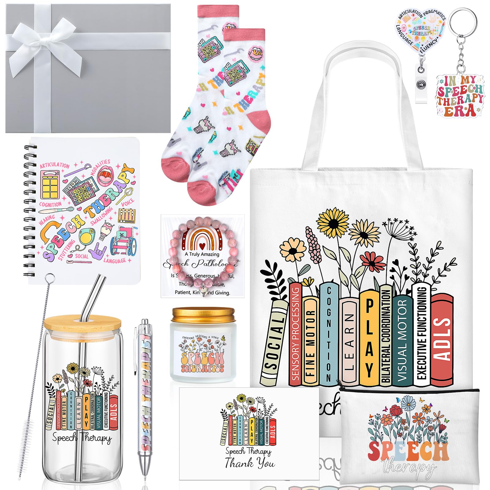 Remerry 12 Pcs Speech Language Pathologist Gifts for Women SLP Appreciation Gifts Set Includes Tote Bag Cosmetic Bag Glass Cup Candle Notebook Bracelet Badge Holder for Graduation Teacher Coworker