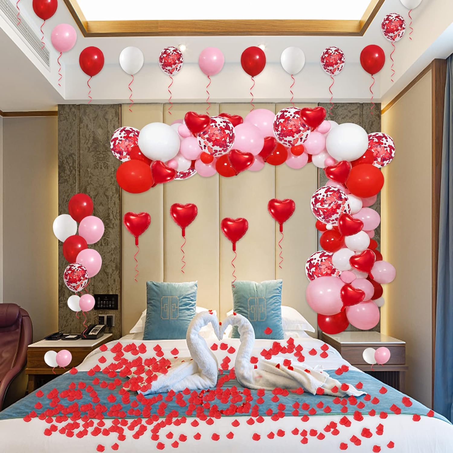 114 Pack Valentines Day Balloons Arch with 500pcs Red Rose Petals, Red White and Pink Balloon Garland Red Heart Foil Balloons, Valentines Balloon Arch for Wedding Engagement Party