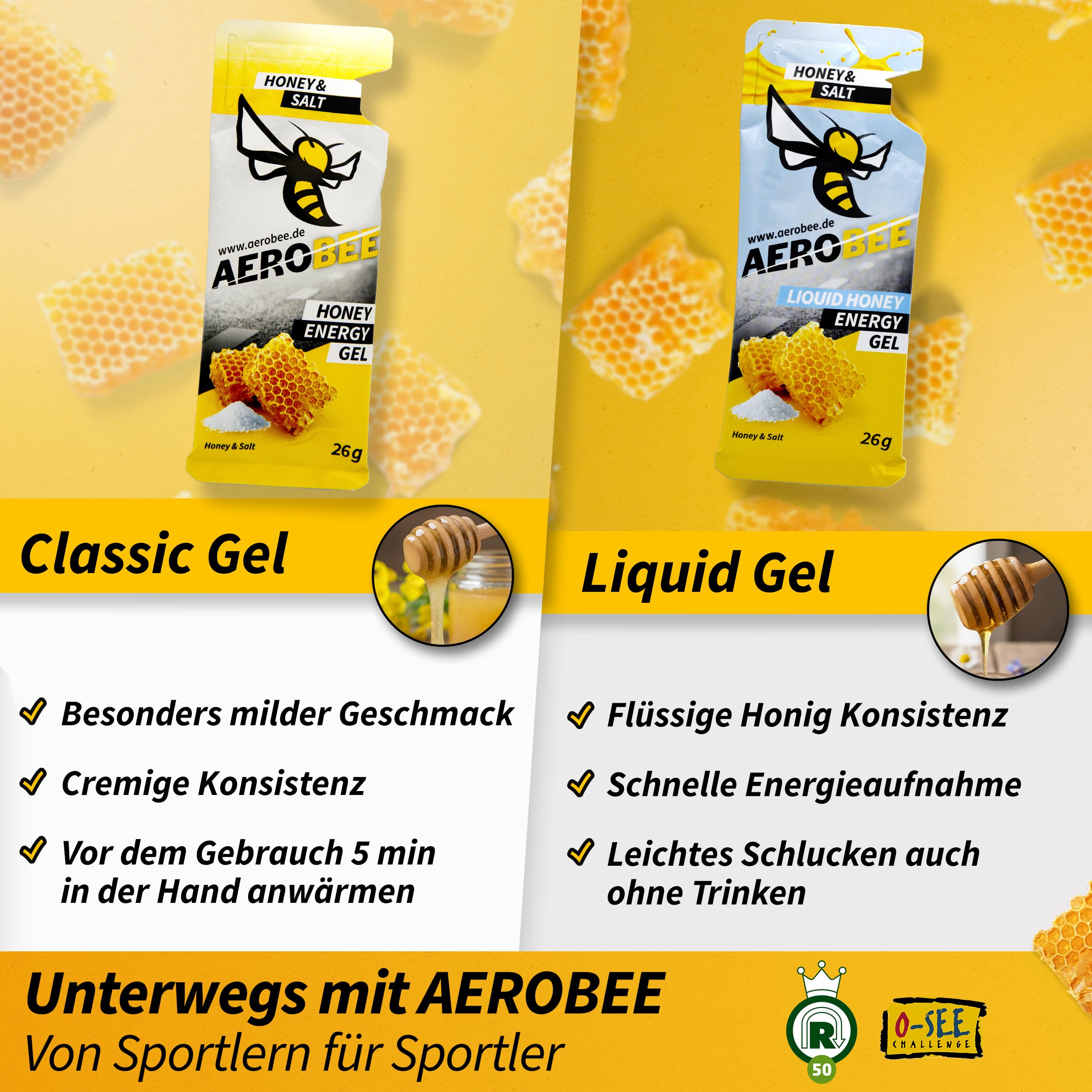 AEROBEE Energy Gel Classic – Honey & Salt 10x26g – [100% Natürliche Energie aus Honig] richtig leckeres Sportgel für den Ausdauersport, Energy Gel Laufen, Power Sport, Sportnahrung