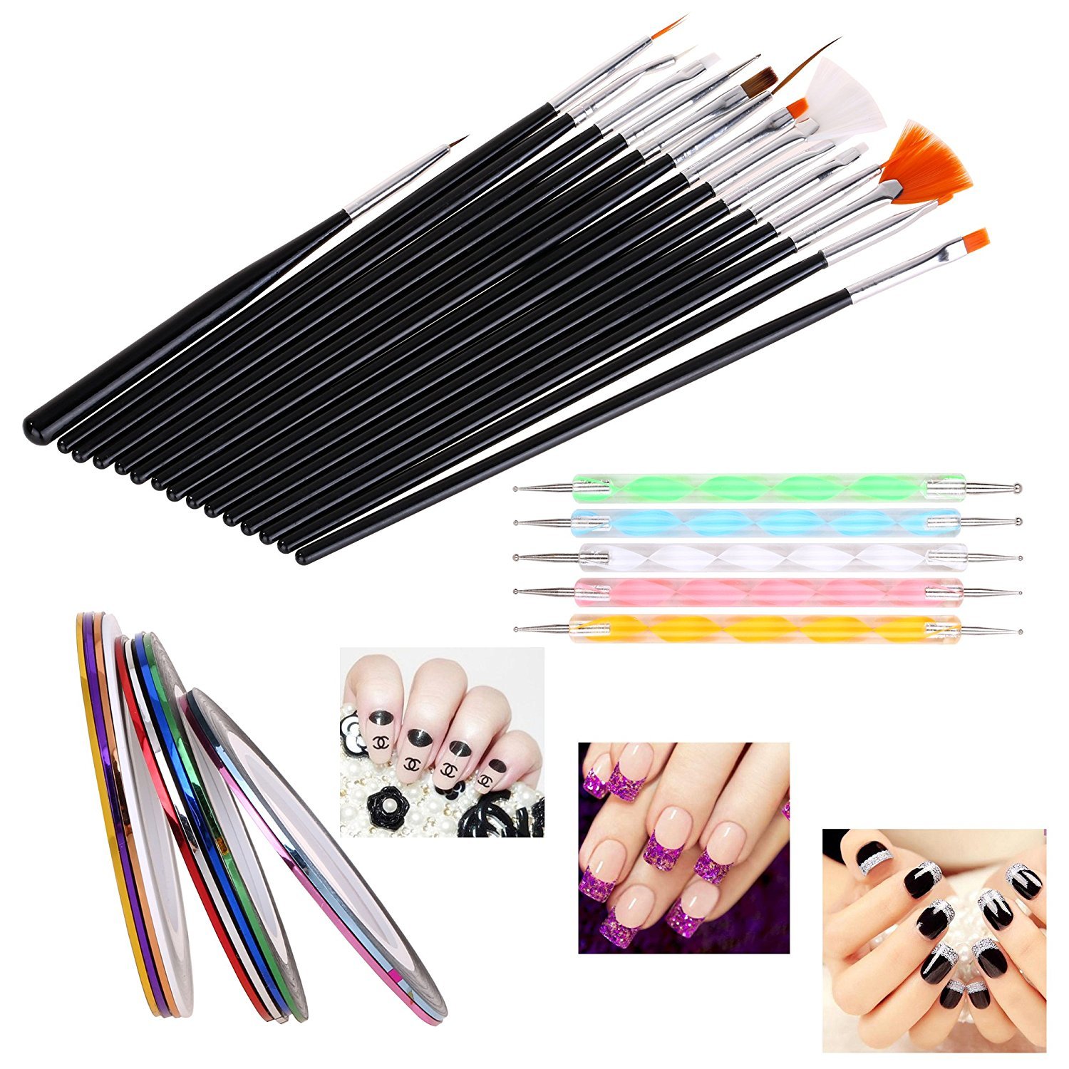 Gugzy 15 Nail Art Paint Brushes with 2 Way Marbleizing Dotting Pen and 5 Pieces Assorted Colors Nail Striping Tape