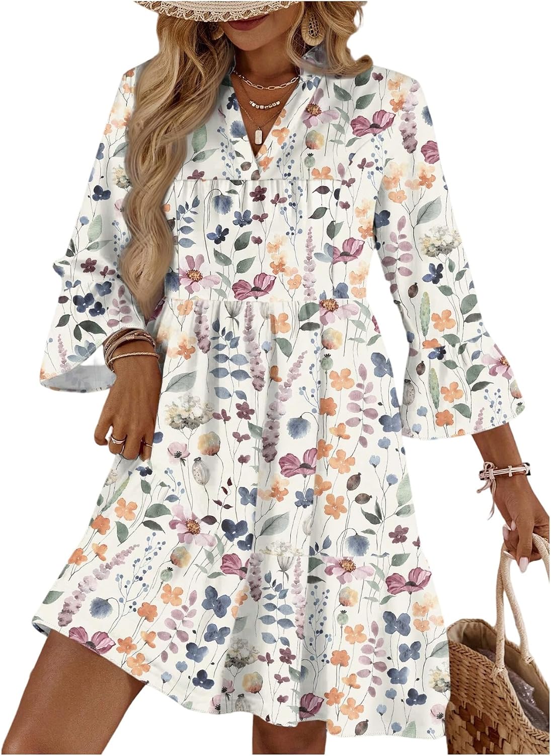 SOLY HUX Women's Plus Size Floral Dress Notched V Neck 3/4 Sleeve Babydoll Ruffle Flowy Vacation Short Dresses
