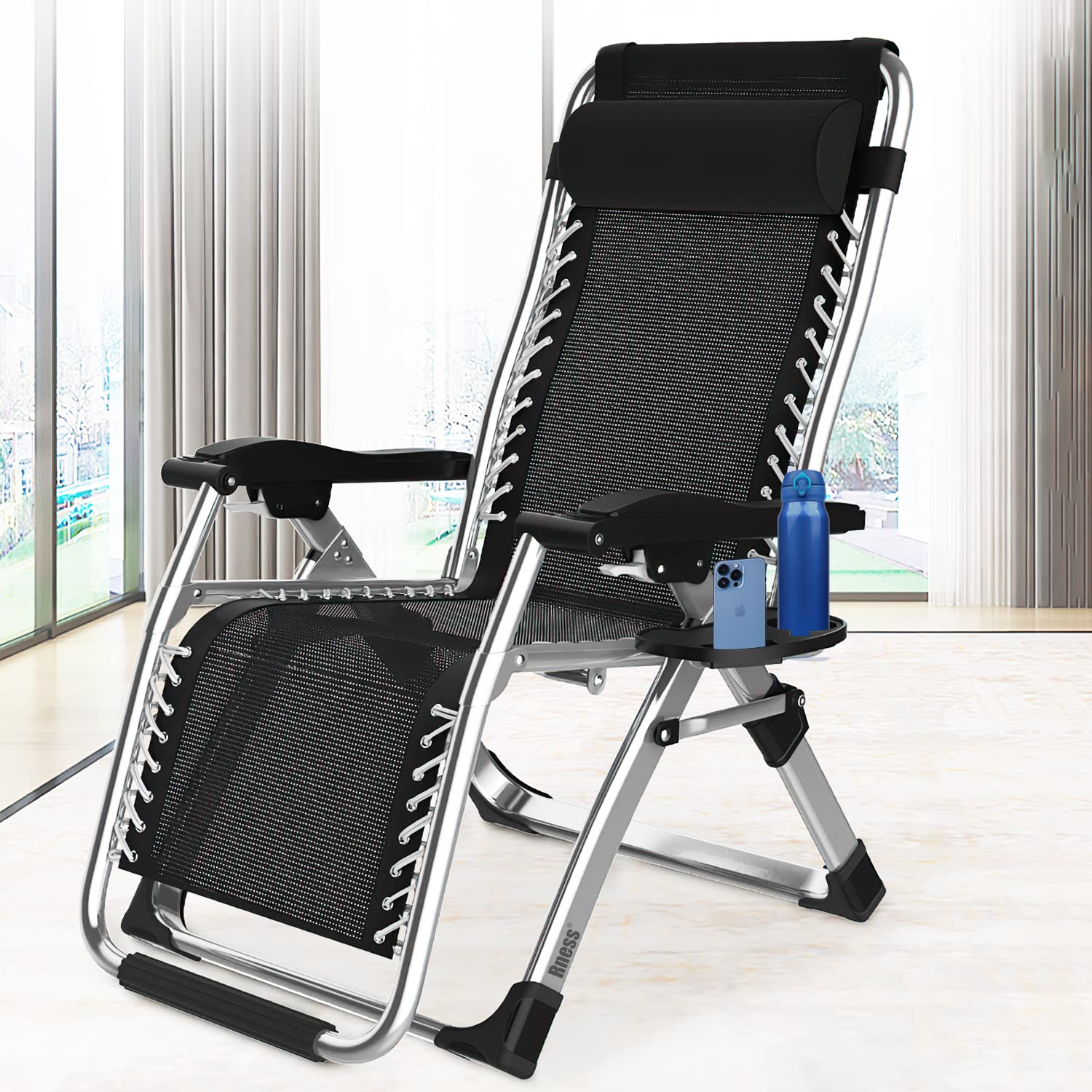 Rness Zero Gravity Chair, Premium Lawn Recliner Folding Portable Chaise Lounge with Detachable Cushion, Headrest and Cup Holder, Reclining Patio Lounger Chair