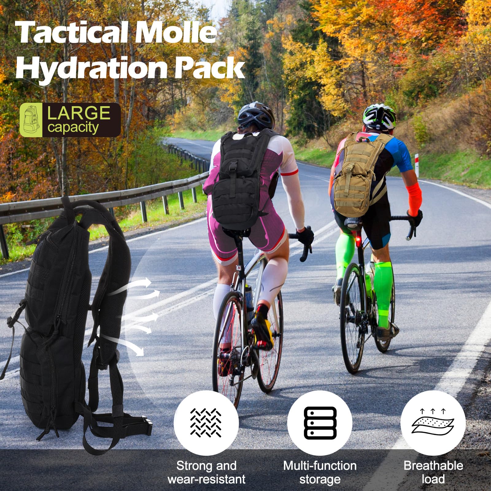 Liliful 2 juegos de mochila táctica Molle de hidratación con bolsa de agua de TPU de 3 l, mochila de hidratación táctica Molle para senderismo, ciclismo, correr y escalada
