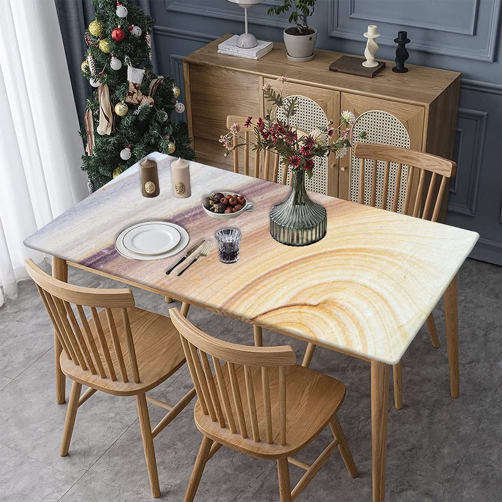 XISUNYA Marble Elastic Fitted Polyester Tablecloth, 36