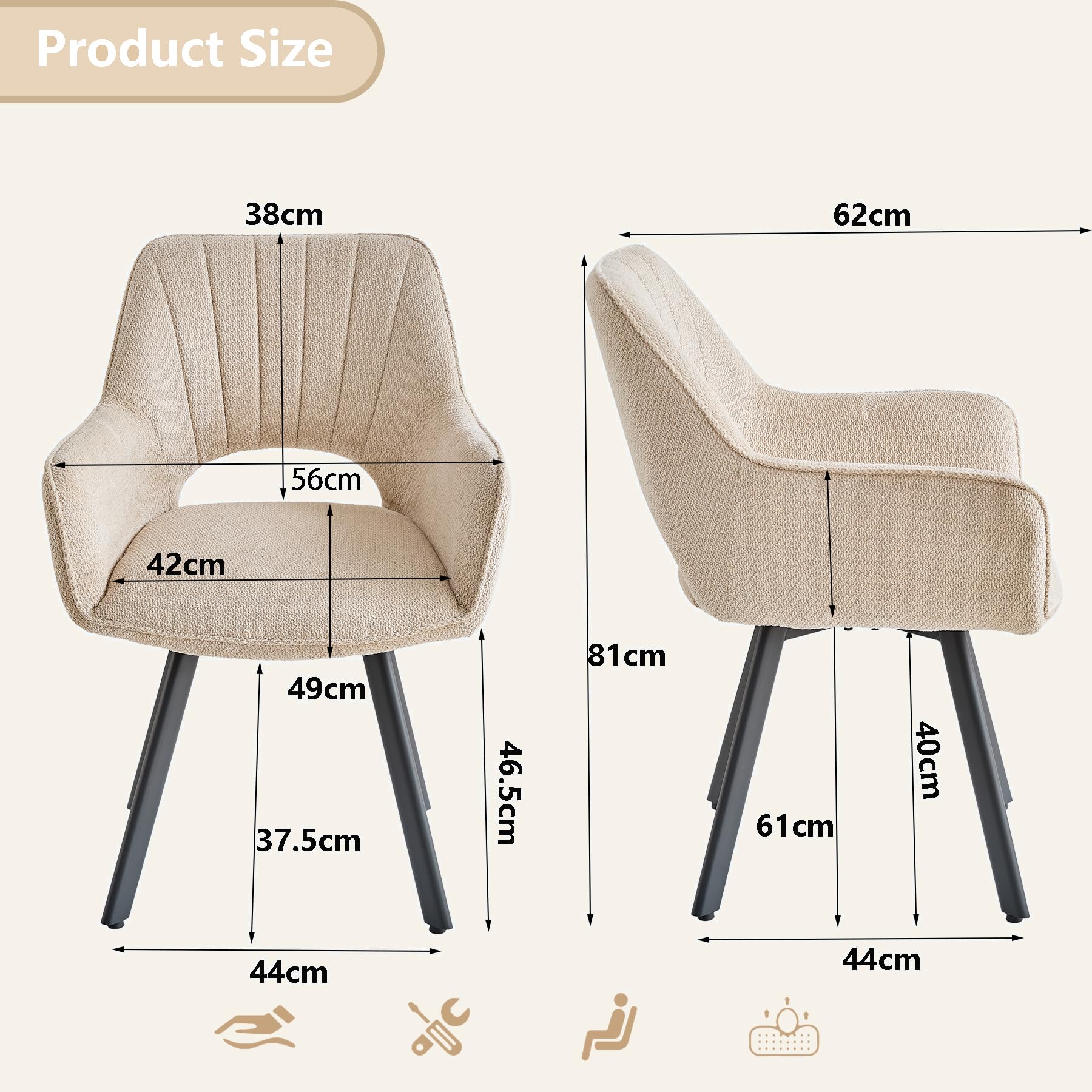 GrandCA HOME Juego de 2 sillas de Comedor giratorias 360° con reposabrazos, tapicería de Lino, Estilo Moderno, Patas de Metal, para Comedor, Sala de Estar u Oficina - Caqui