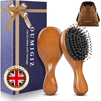 Small Boar Bristle Hair Brush British Craftsmanship Handmade | Wooden Mini Travel Hairbrush Gentle Detangling Smoothing Women Kids Toddler Thick Thin Fine Frizzy Hair, Compact Purse Brush