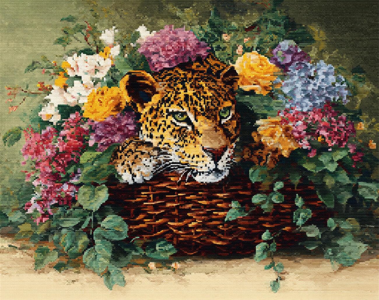 Axiangzik E Diy Cross Stitch Kit Leopard In Th Flower Basket 11Ct 80X100cm