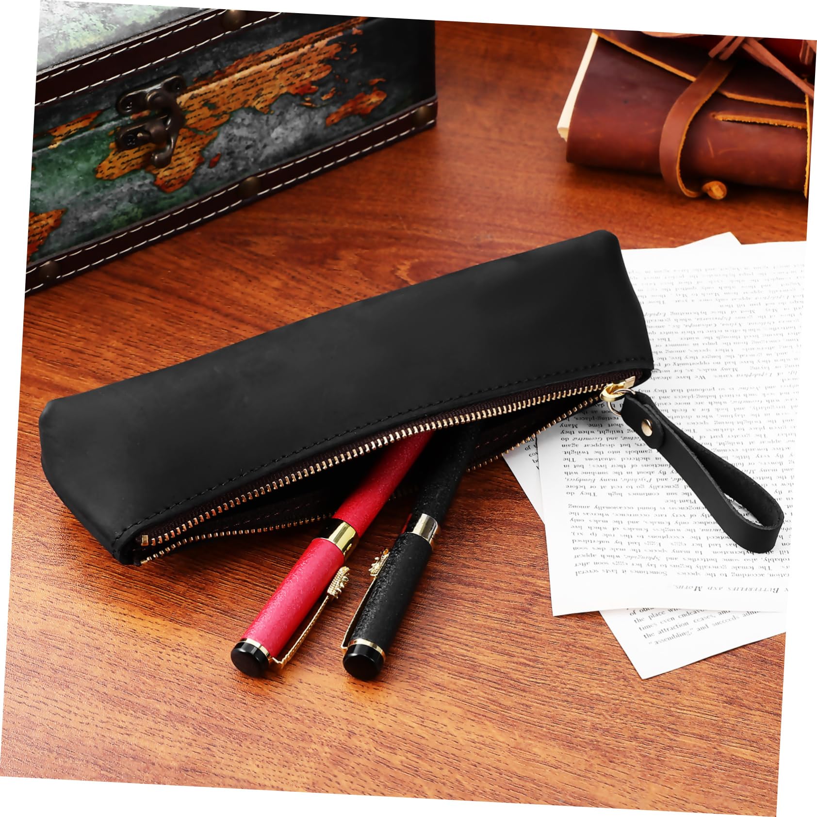 3pezzi Pouch Pelle Vintage Per Penne e Matite Astuccio Elegante e Pratico Per Cancelleria Portapenne Pelle Nera Per Studenti e Professionisti