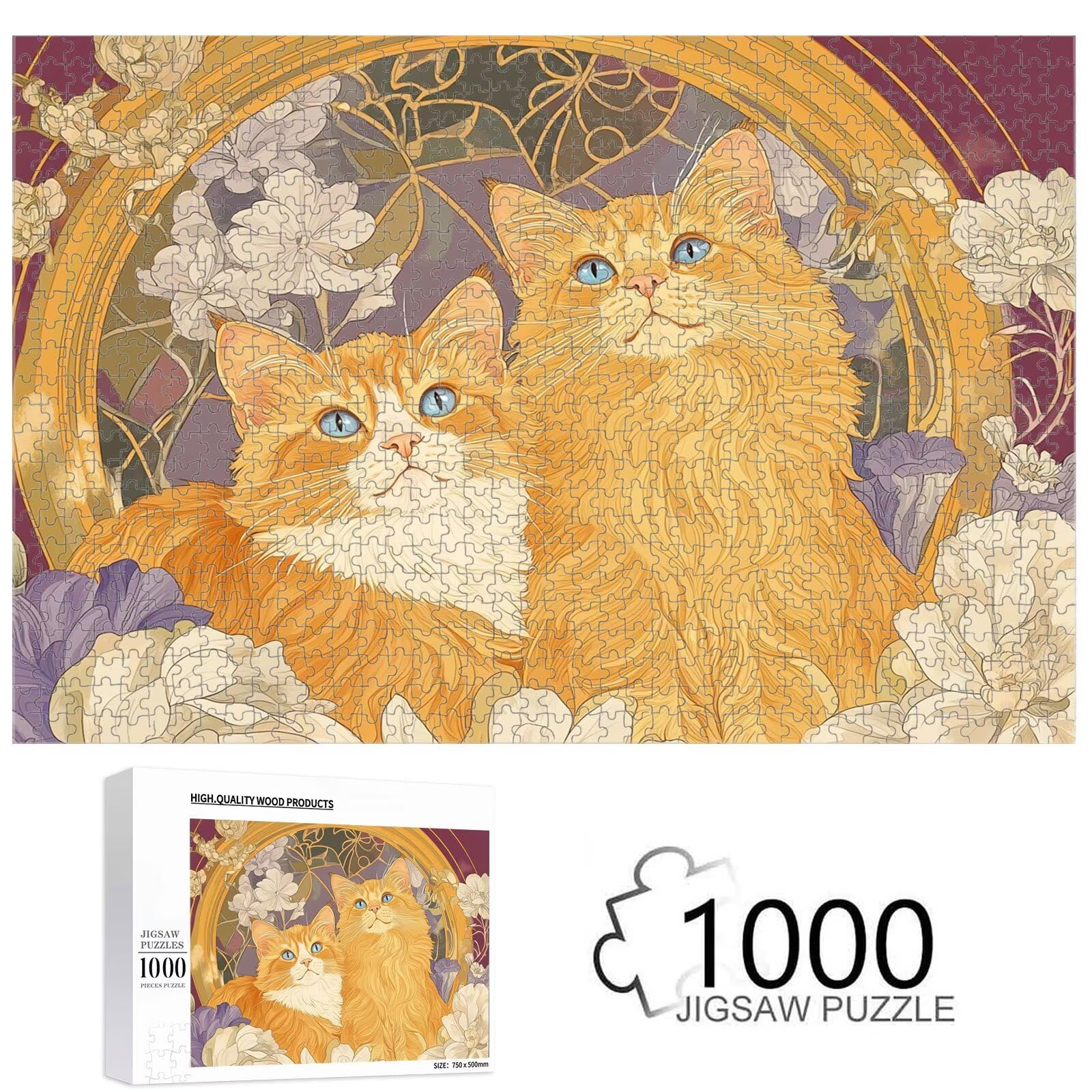 1000 elementów puzzle dla dorosłych kwiat i kot solidne drewniane puzzle 1T#543 | Drewniane puzzle, precyzyjne cięcie, jasne atramenty, relaksujący wypoczynek, wystrój domu, prezent, 50x75cm