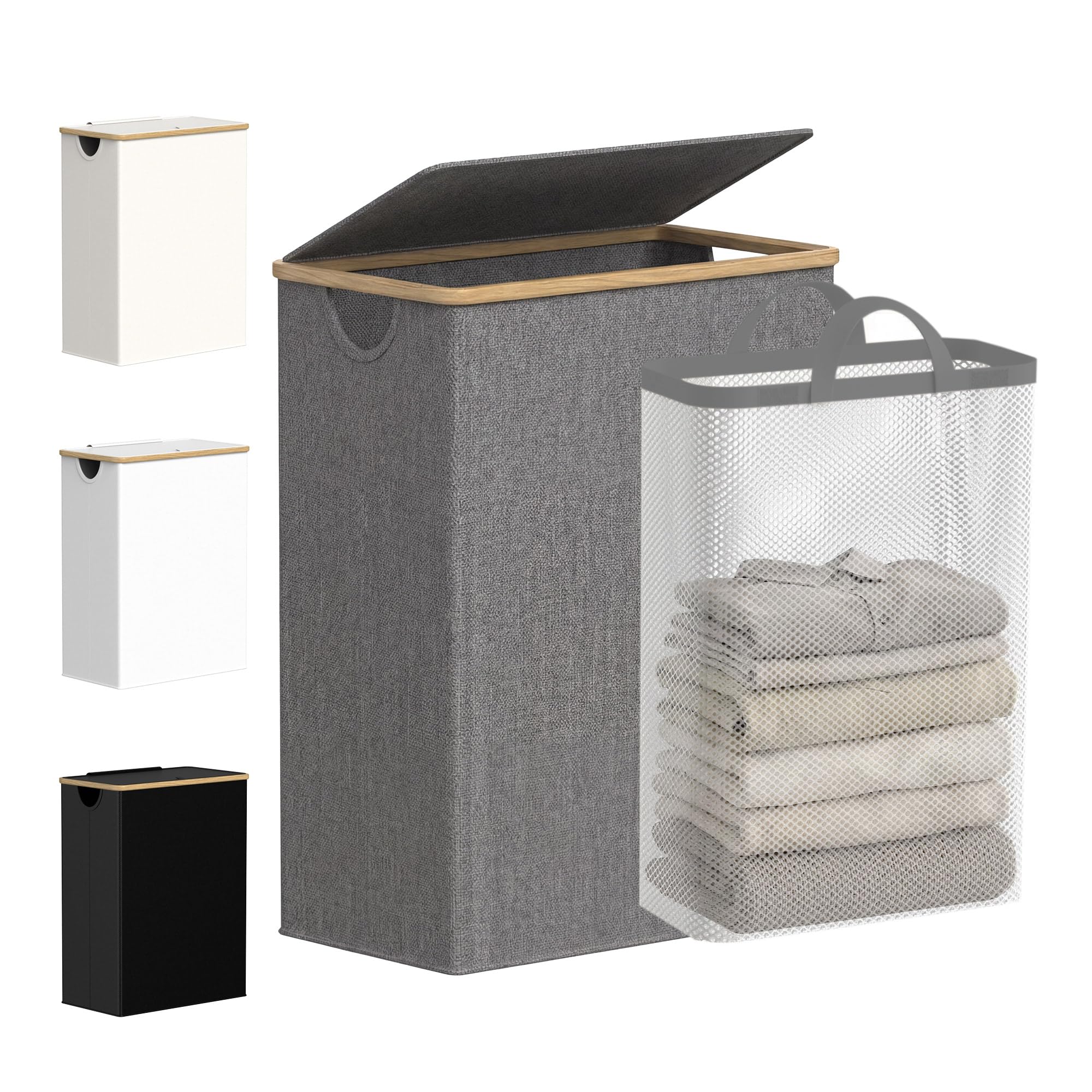 efluky Slim Laundry Basket with Lid, Narrow Laundry Hamper with Removable Bag, Skinny Dirty Clothes Basket with Bamboo Handles for Bathroom, Bedroom &