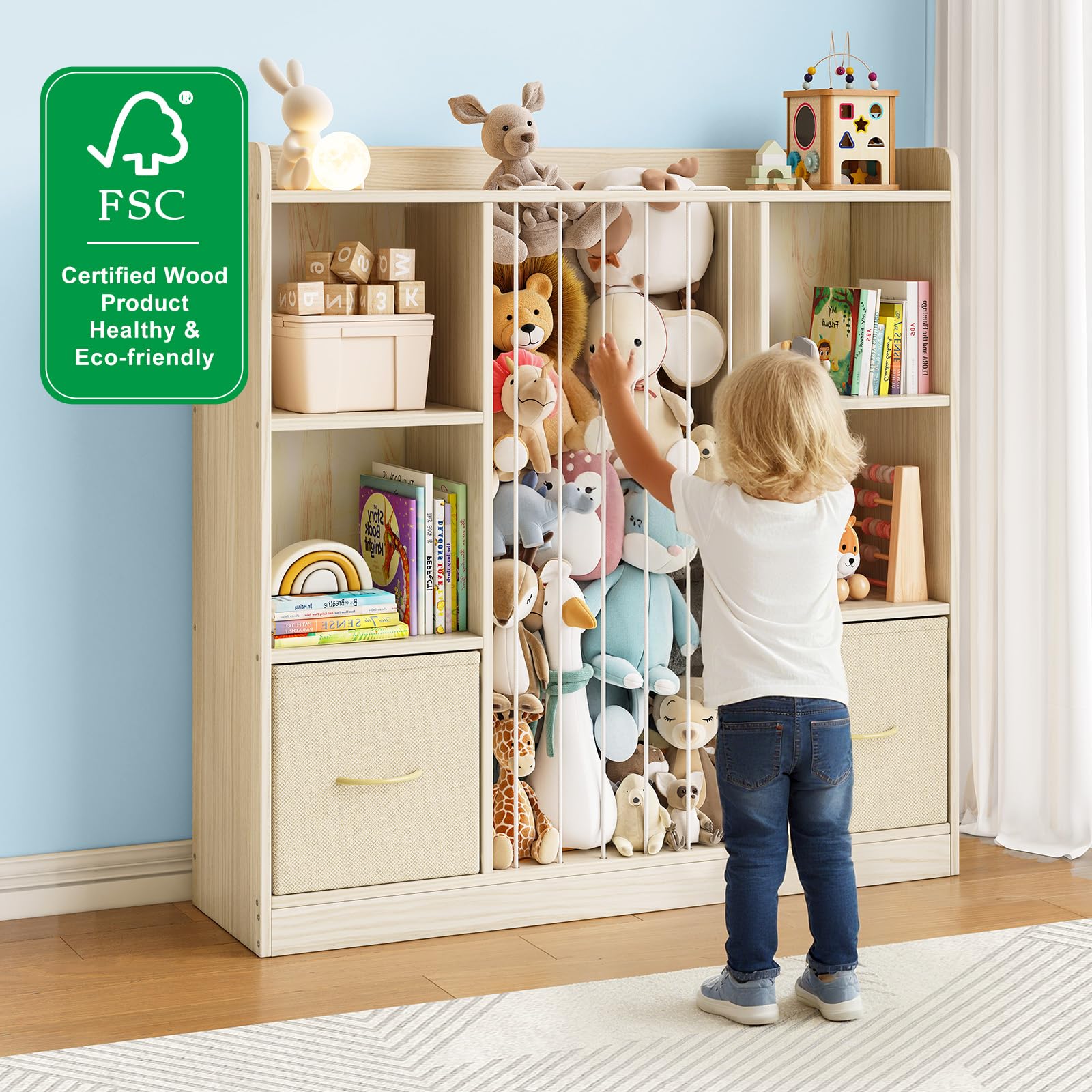 Organizer per giocattoli con contenitore per peluche, organizer per giocattoli in legno e animali di peluche, 6 scaffali a cubo con cassetti rimovibili, libreria 4 in 1 per la cameretta dei bambini