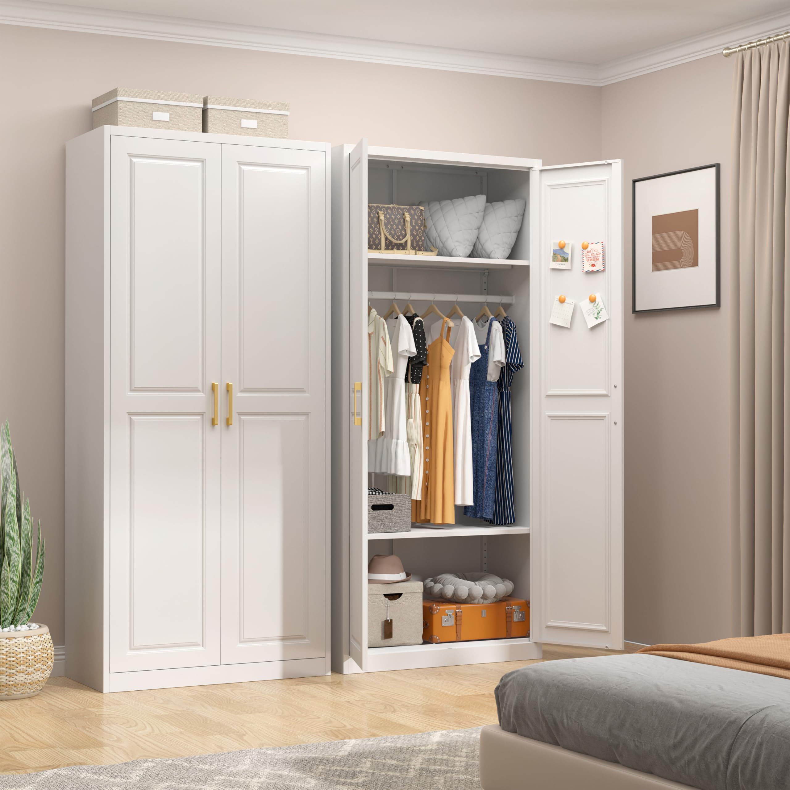 Armoire Wardrobe Closet with Doors, 71'' Wardrobe Cabinet with Hanging Rod, Metal Closet with 2 Adjustable Shelves for Bedroom School, Employee, Gym, Armarios De Ropa para Dormitorio, WhiteRecycled Claim Standard 100
