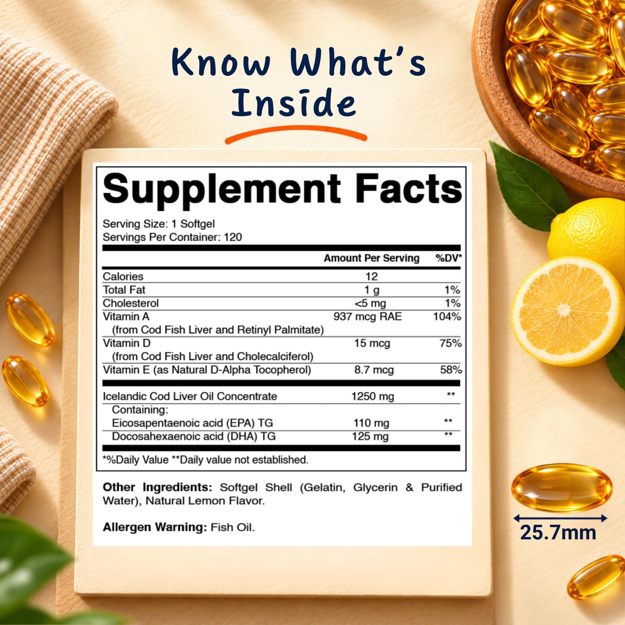 Vitamatic Icelandic Cod Liver Oil 1250 mg, Lemon, 120 Softgels, Made in USA — Amazon image 2