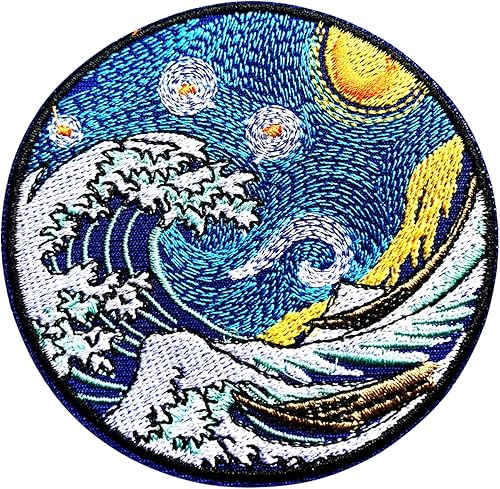Parche bordado para planchar, gran ola japonesa y sol Kanagawa  Aplicable a insignias para planchar en el emblema, parche de emblema para coser,