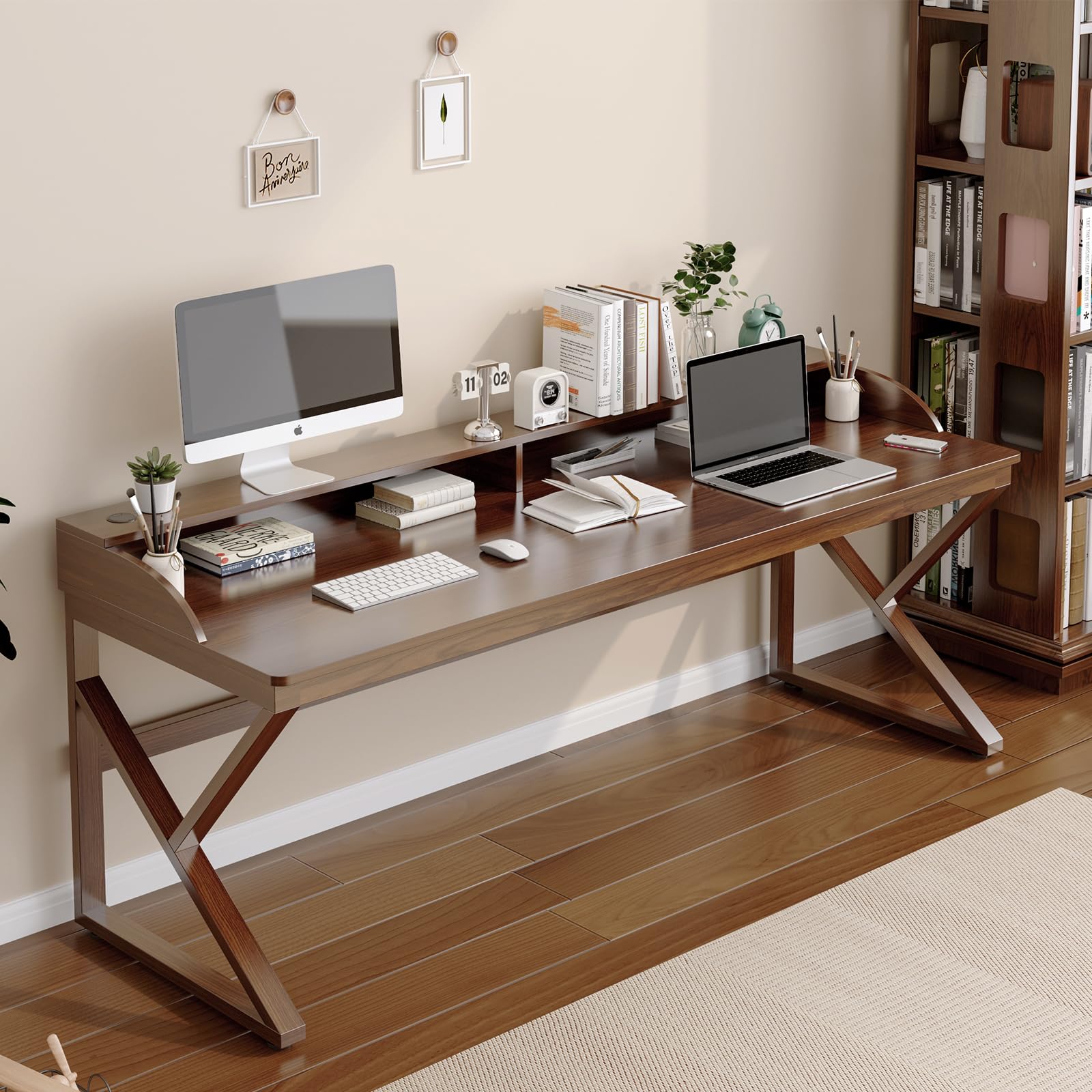Photo 1 of OSCHF Long Desk with Monitor Stand - 71" Double Long Computer Table for 2-Person Workstation, Large Writing Study Work Desk for Home and Office, Walnut420953360000