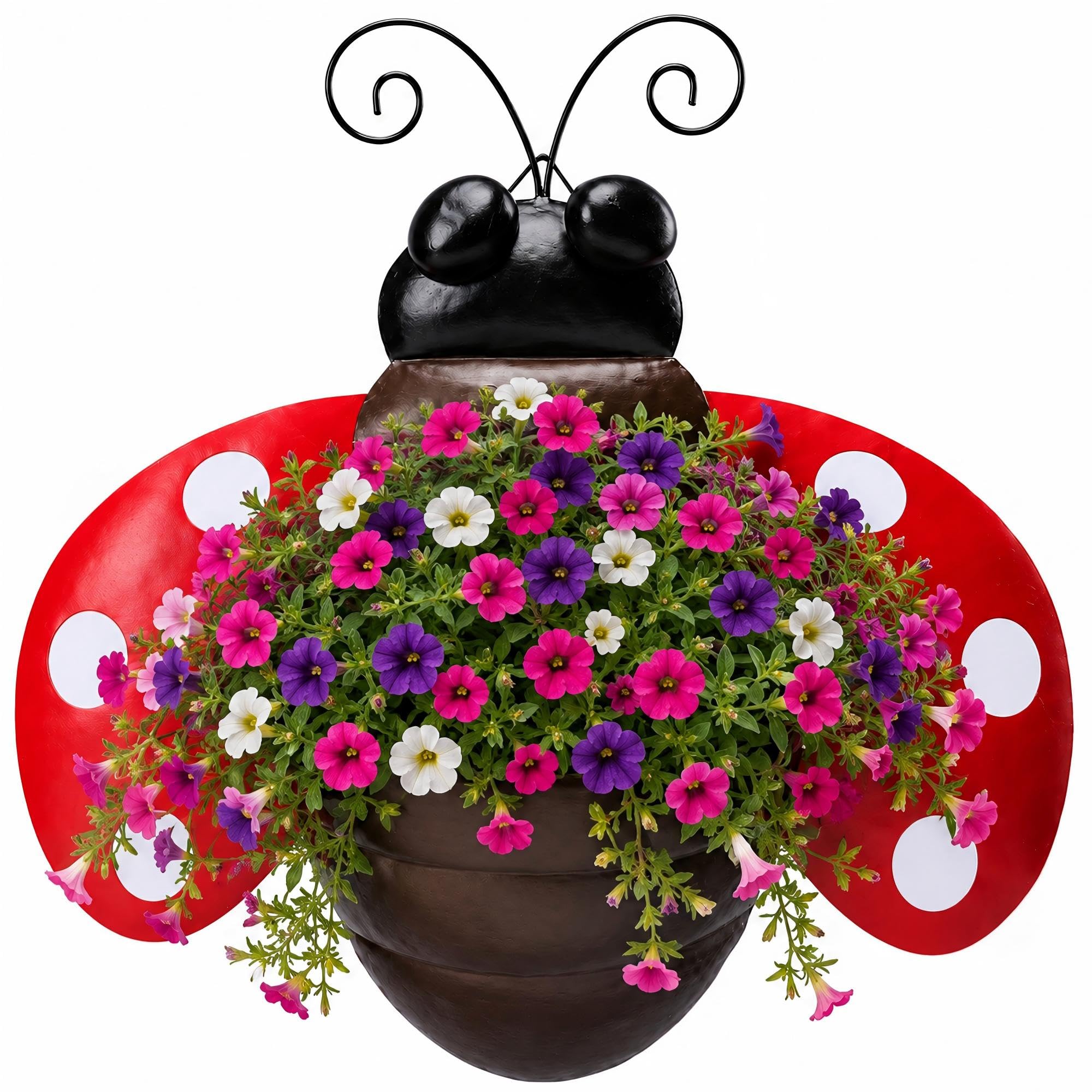 Macetero de pared de metal con diseño de mariquita, maceta colgante para suculentas con drenaje