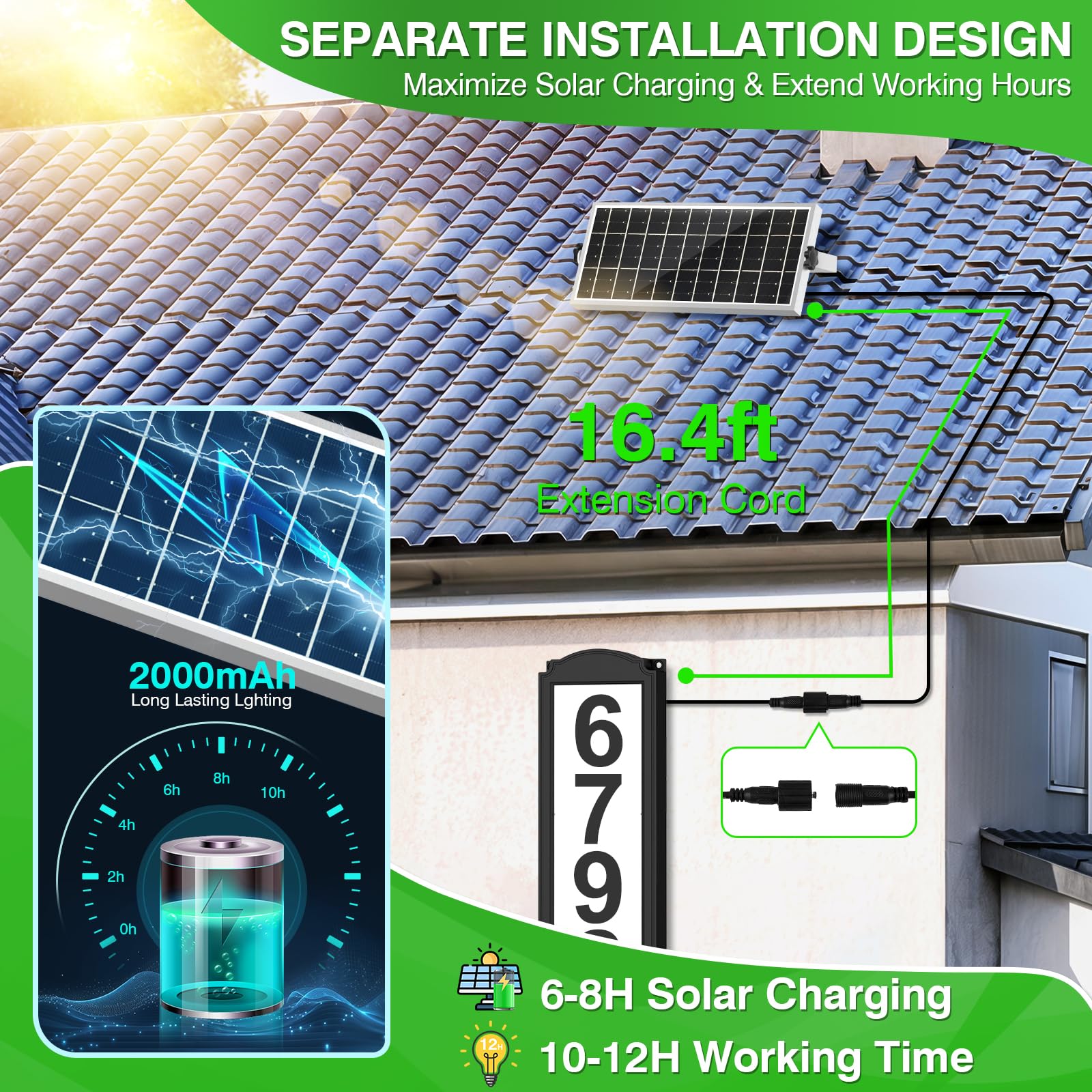 Numeri civici a energia solare con pannello separato, cartello con indirizzo T-SUNUS per esterni, orizzontale e verticale, targa LED impermeabile per cassetta postale da cortile postale visitatori