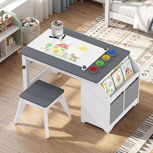 Miniatura 9 de Costzon Mesa y sillas de arte para niños, juego de escritorio de actividades de madera con rollo de papel, 4 tazas de pintura, estantes de